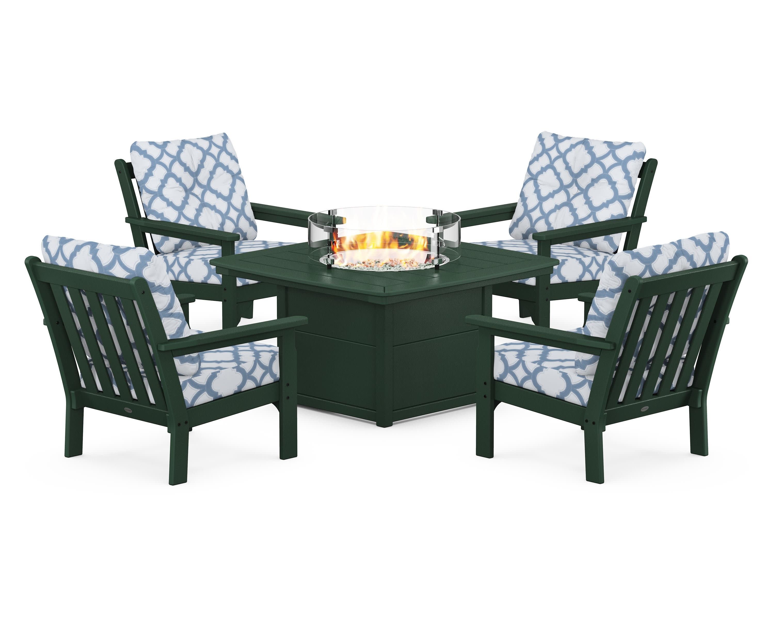Vineyard 5-Piece Conversation Set with Fire Pit Table in Green / Trellis Sky Blue