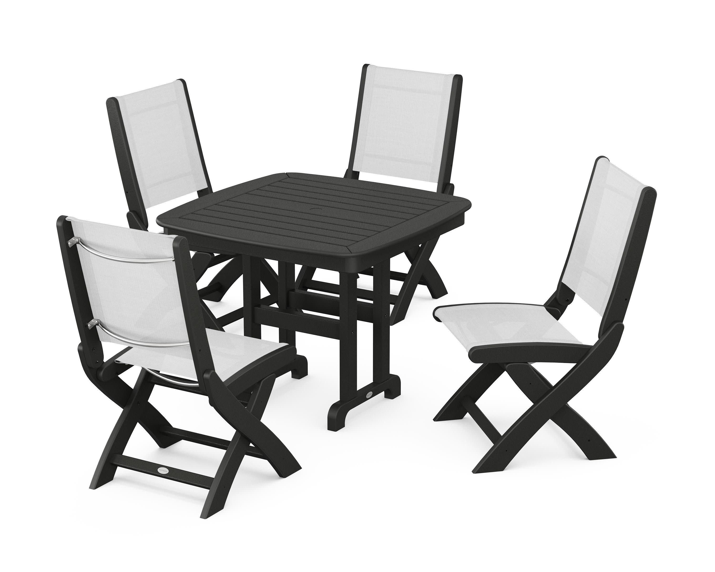 Coastal Folding Side Chair 5-Piece Dining Set in Black / White Sling
