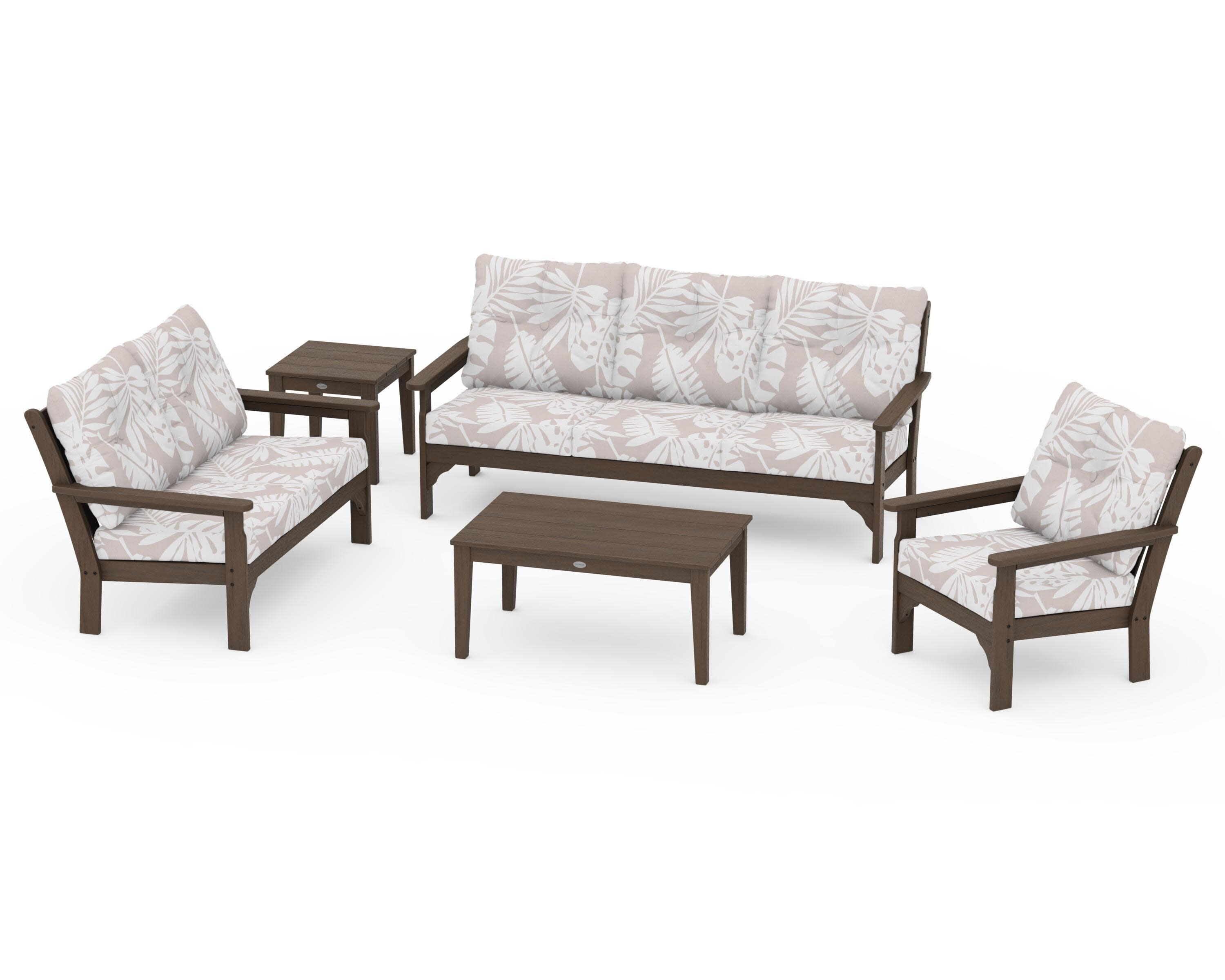 Vineyard 5 Piece Deep Seating Set in Kona / Leaf Dune Burlap