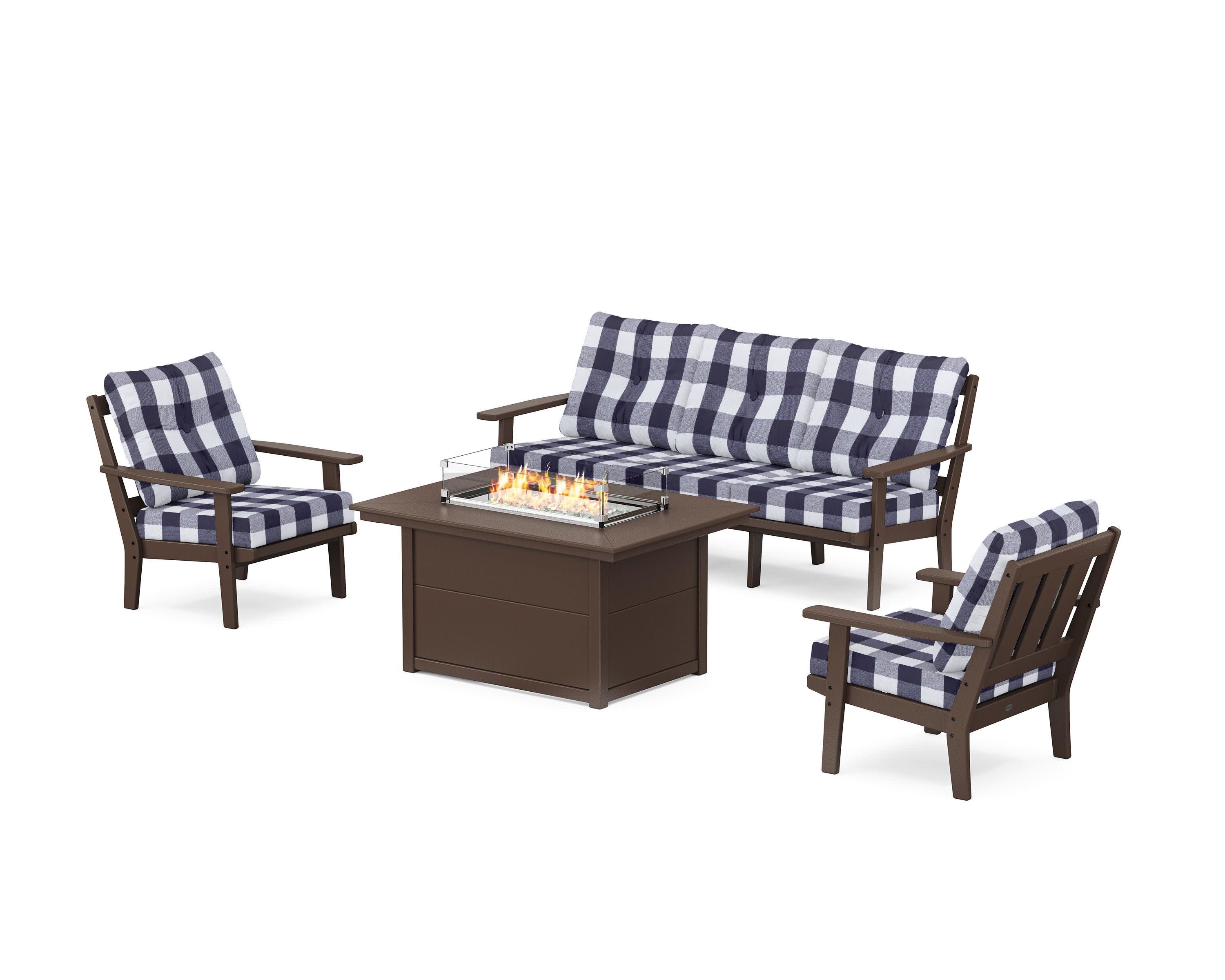 Oxford Deep Seating Fire Pit Table Set in Mahogany / Buffalo Plaid Navy