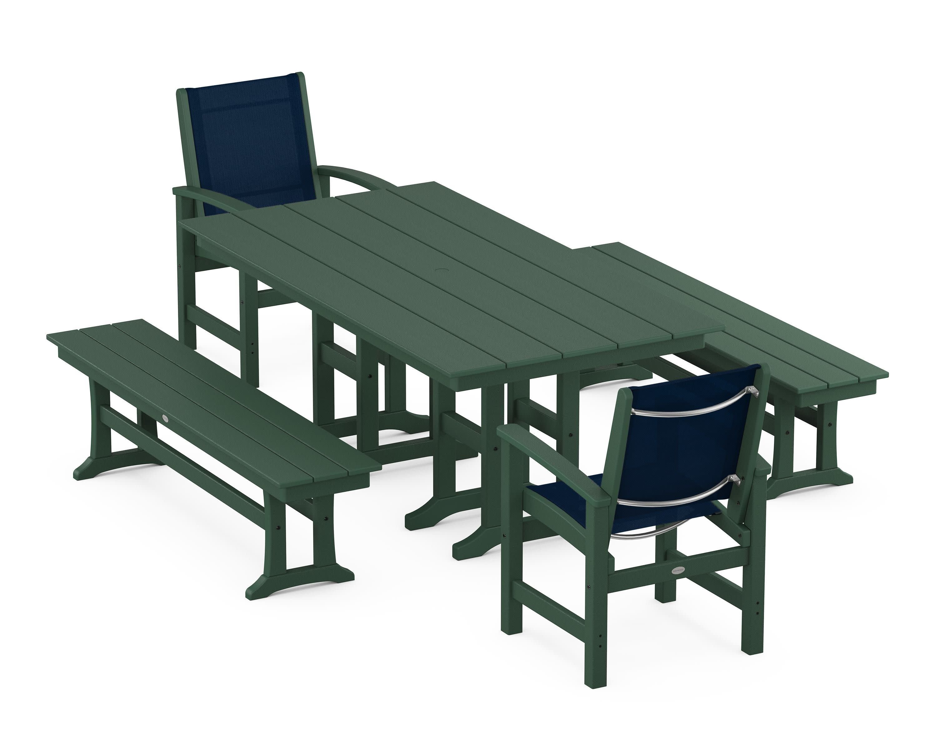 Coastal 5-Piece Farmhouse Dining Set in Green / Navy Blue Sling