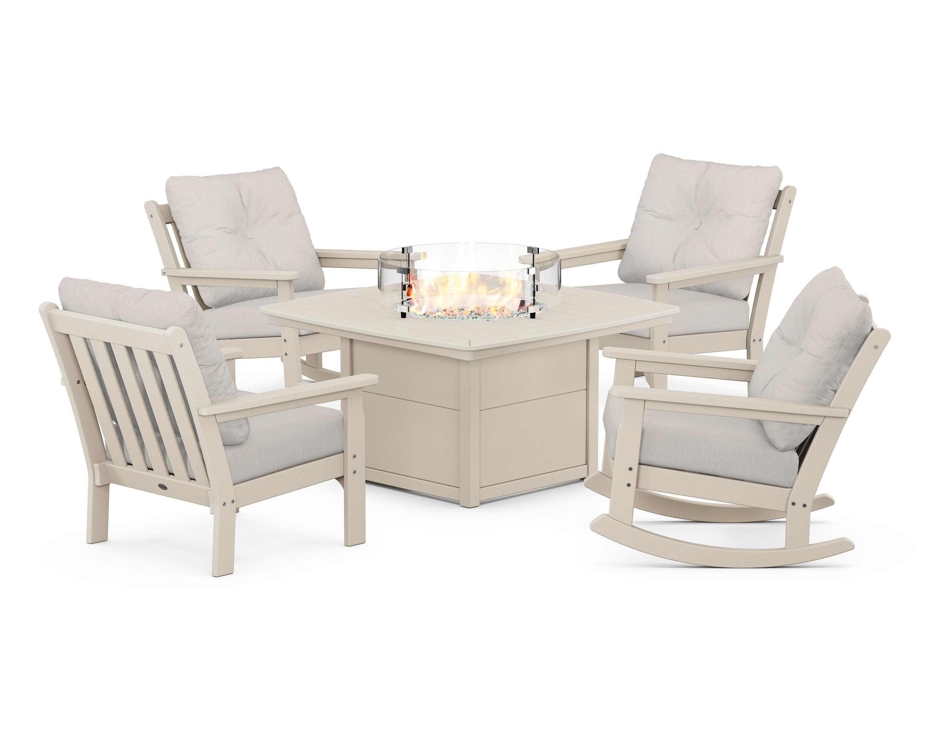 Vineyard 5-Piece Deep Seating Rocking Chair Conversation Set with Fire Pit Table in Sand / Cast Ash