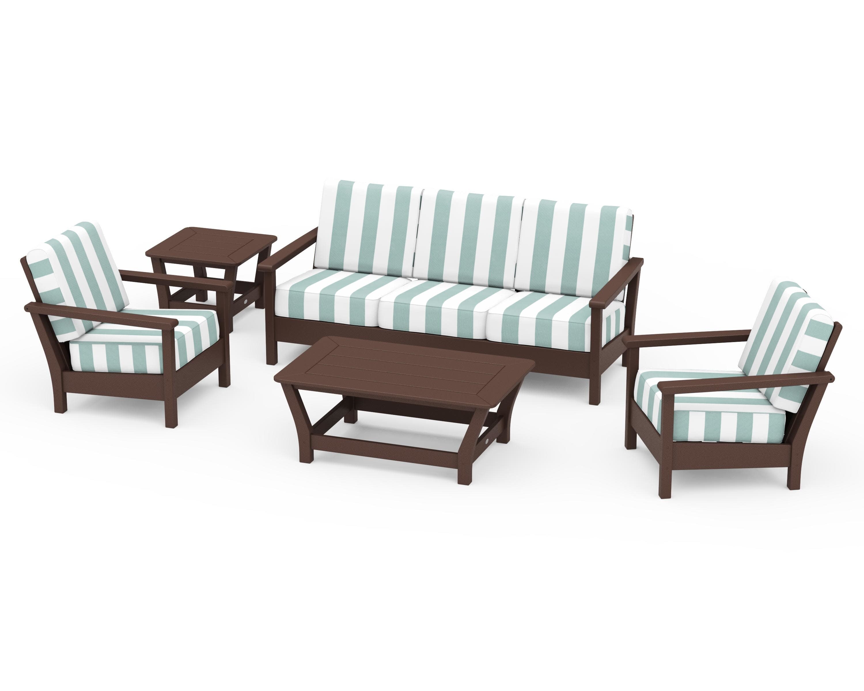 Harbour 5-Piece Deep Seating Set in Mahogany / Cabana Stripe Glacier Spa