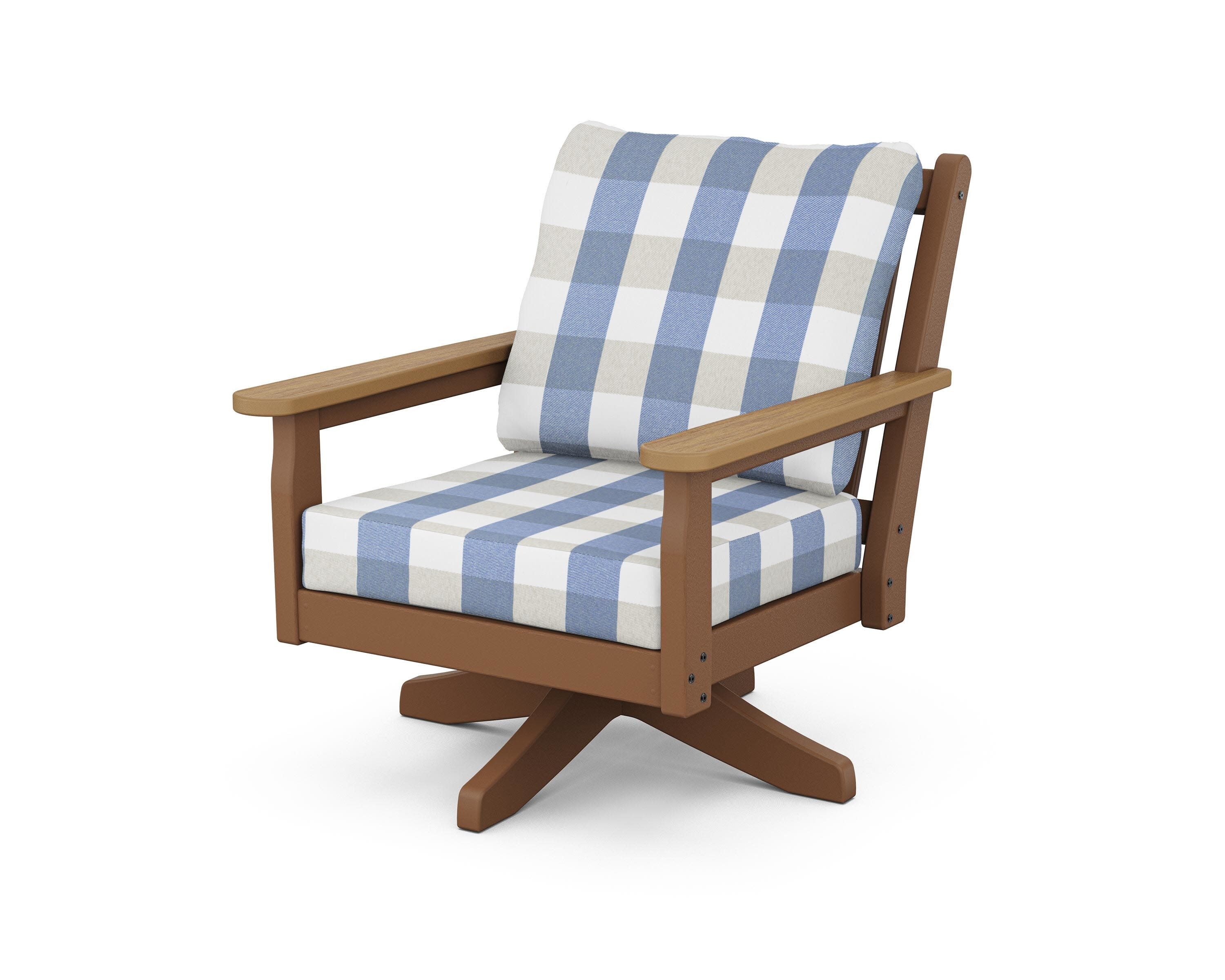 Chippendale Deep Seating Swivel Chair in Teak / Natural / Buffalo Plaid Sky Blue