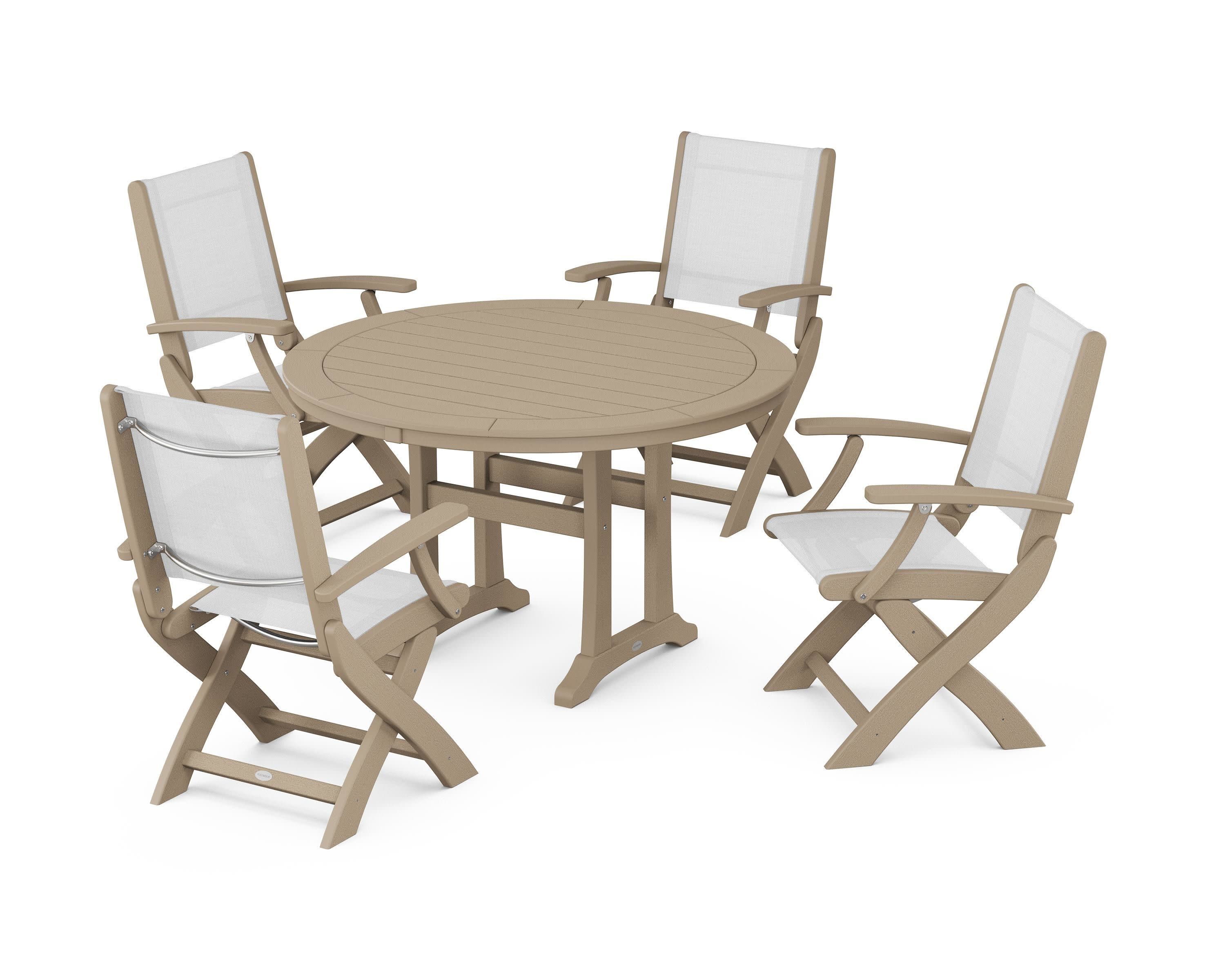 Coastal Folding Chair 5-Piece Round Dining Set with Trestle Legs in Vintage Sahara / White Sling