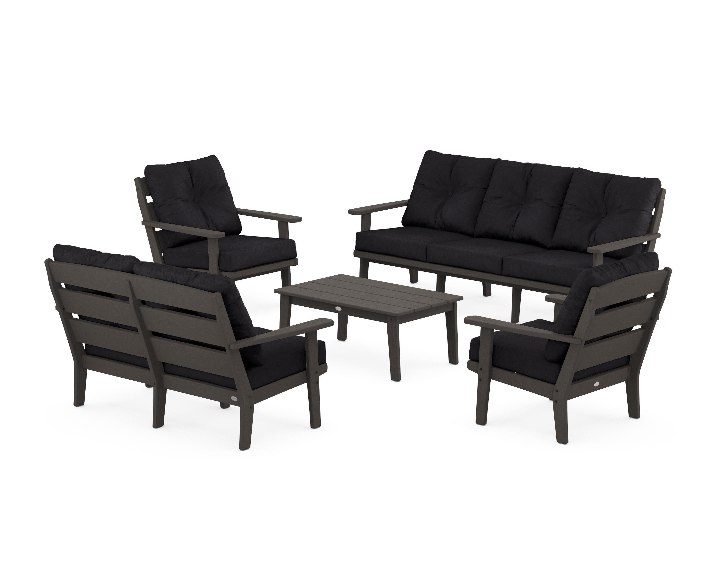 Lakeside 5-Piece Lounge Sofa Set in Vintage Coffee / Midnight Linen