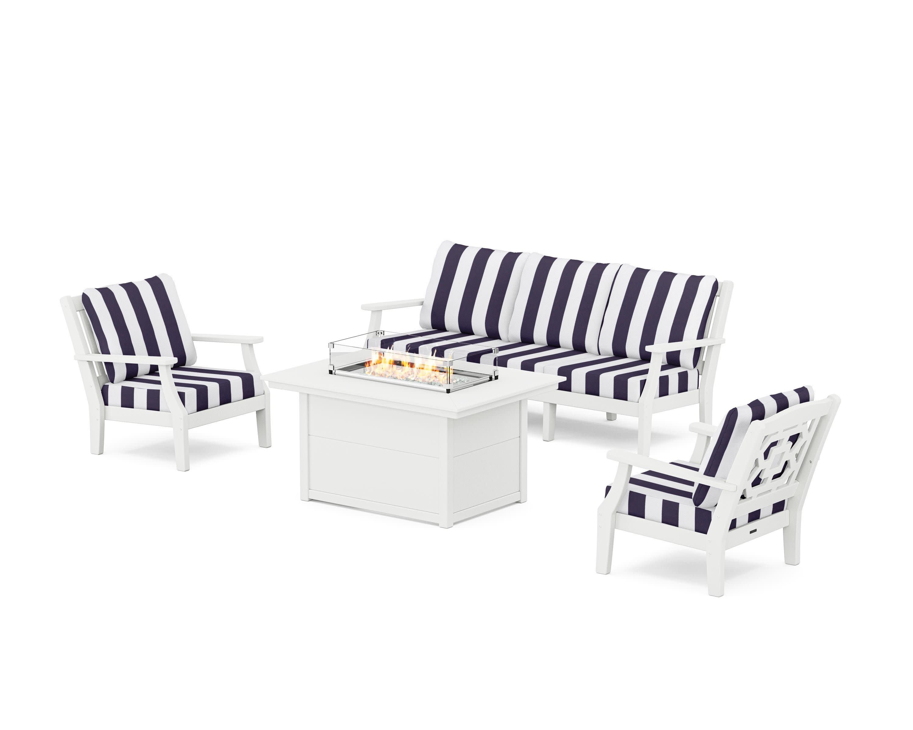Chinoiserie Deep Seating Fire Pit Table Set in White / Cabana Stripe Navy