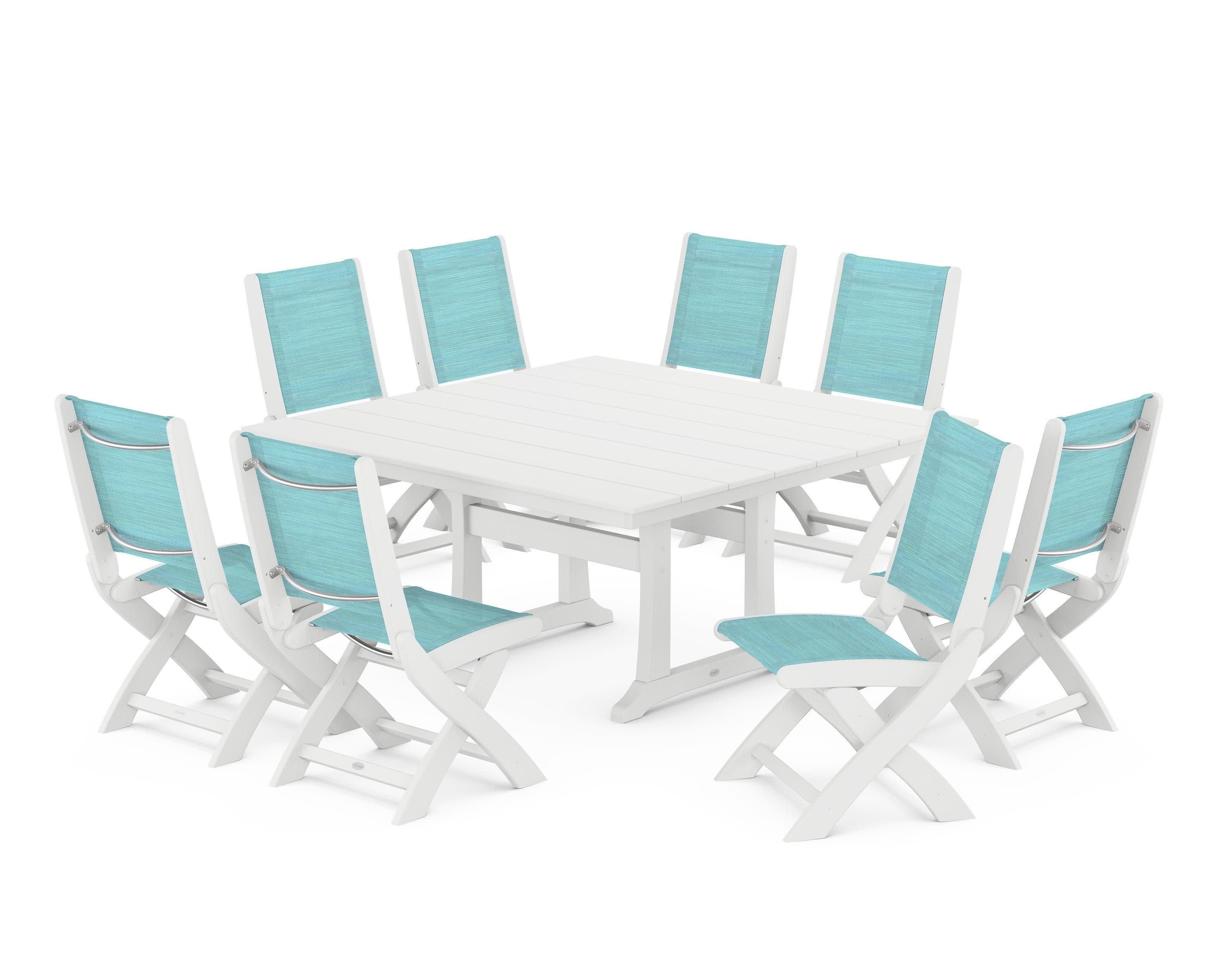 Coastal Folding Side Chair 9-Piece Farmhouse Dining Set in White / Dupioni Aquamarine Sling