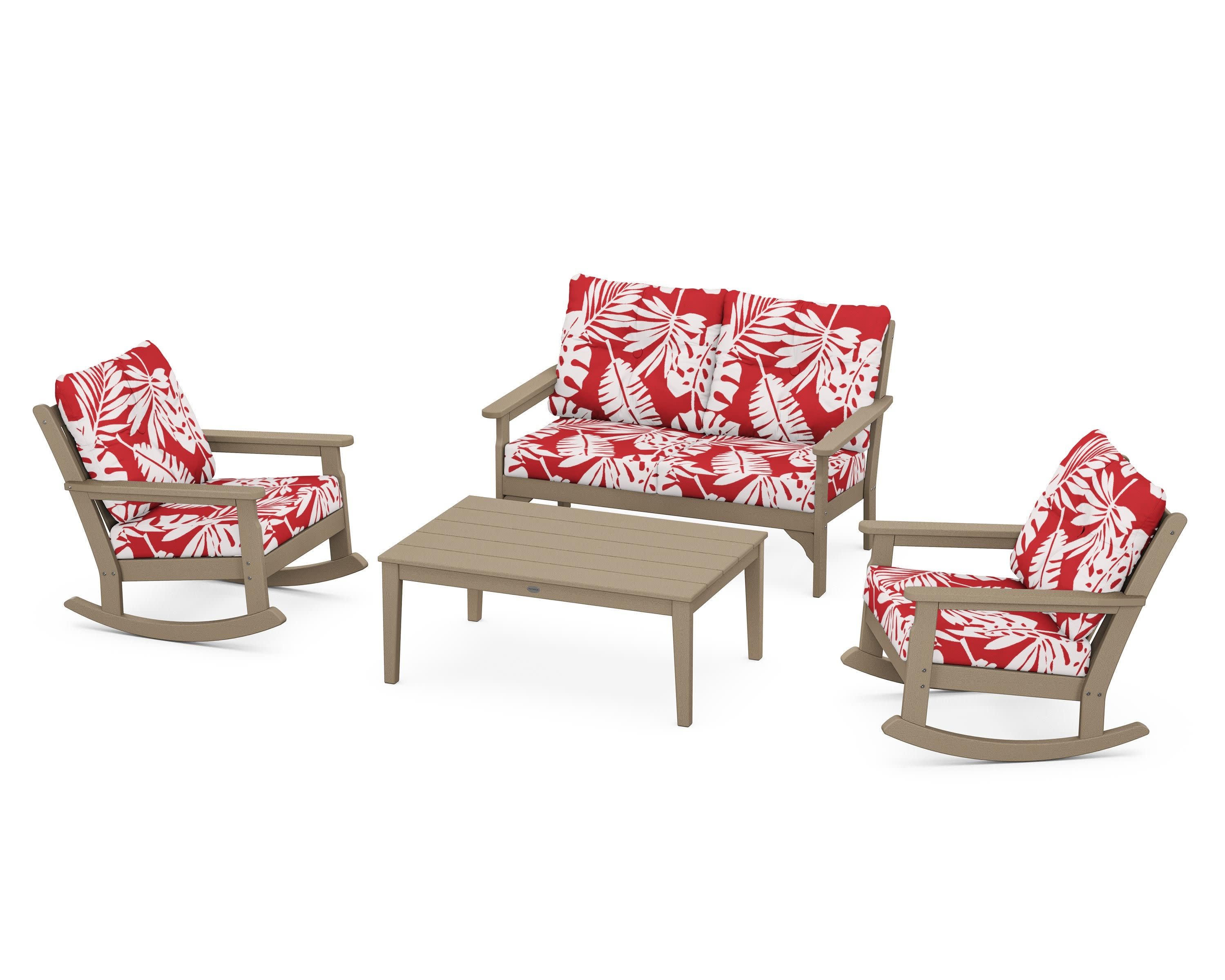 Vineyard 4-Piece Deep Seating Rocking Chair Set in Vintage Sahara / Leaf Crimson