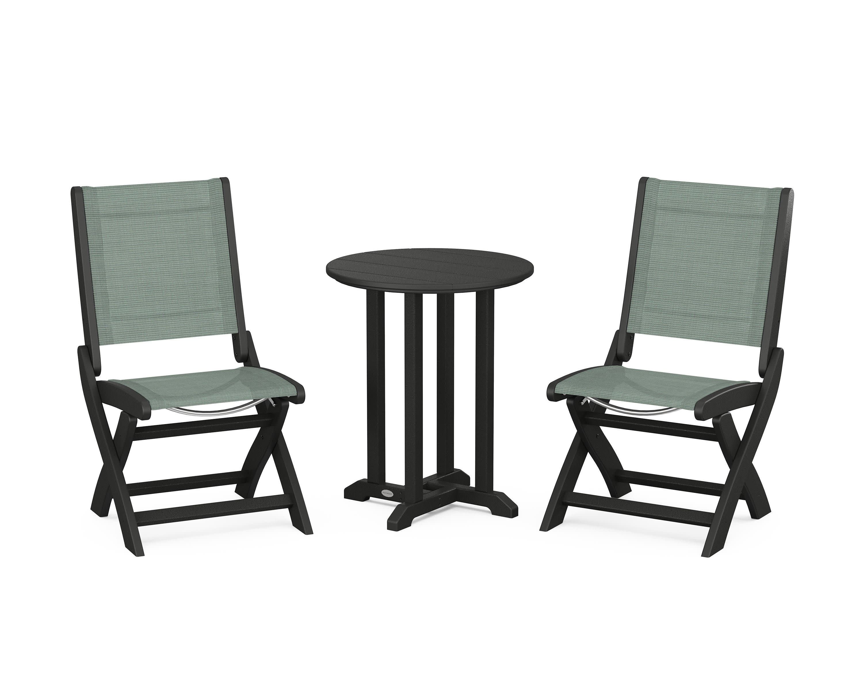 Coastal Folding Side Chair 3-Piece Round Bistro Dining Set in Black / Dupioni Sea Mist Sling