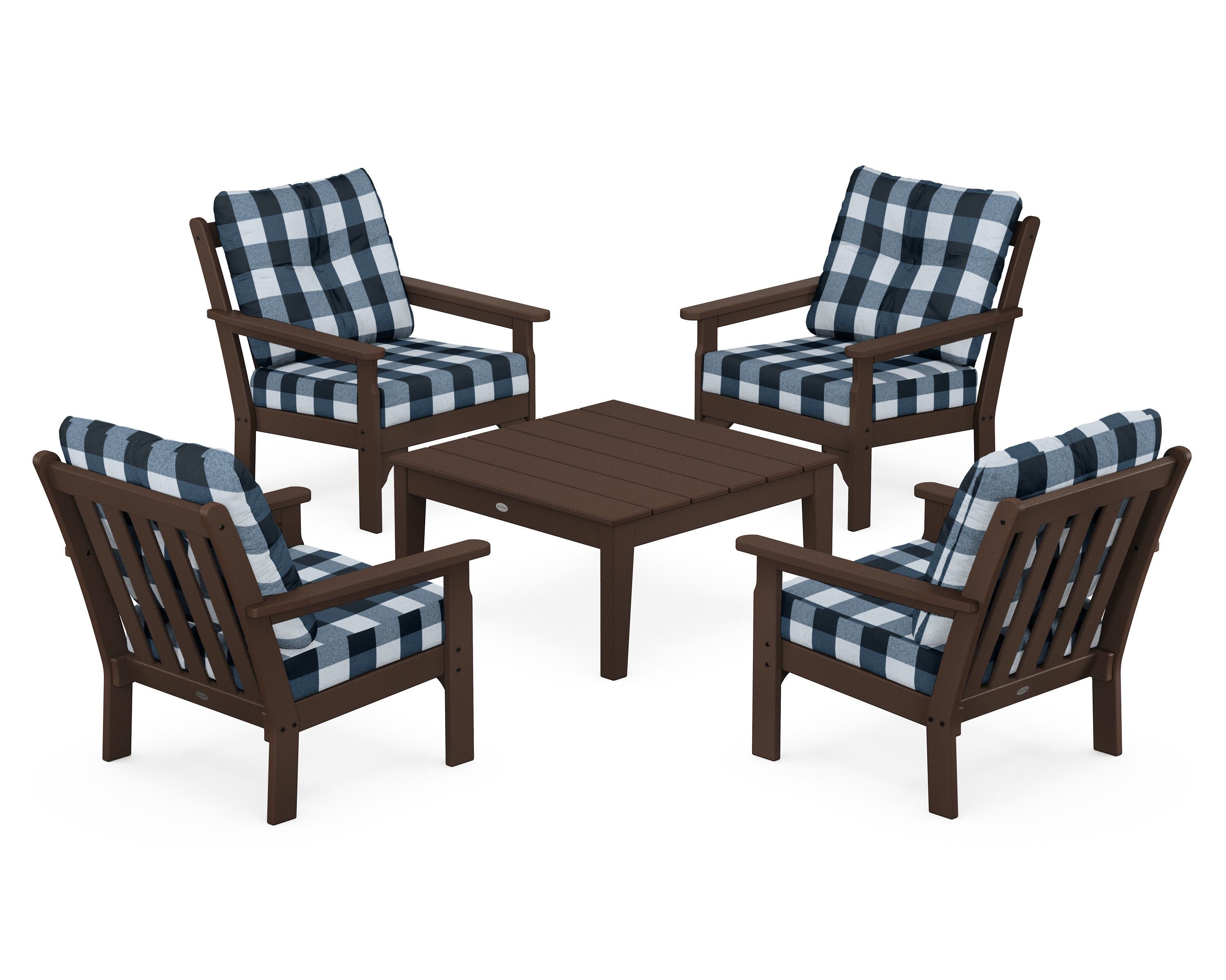 Vineyard 5-Piece Deep Seating Conversation Set in Mahogany / Buffalo Plaid Marine Indigo