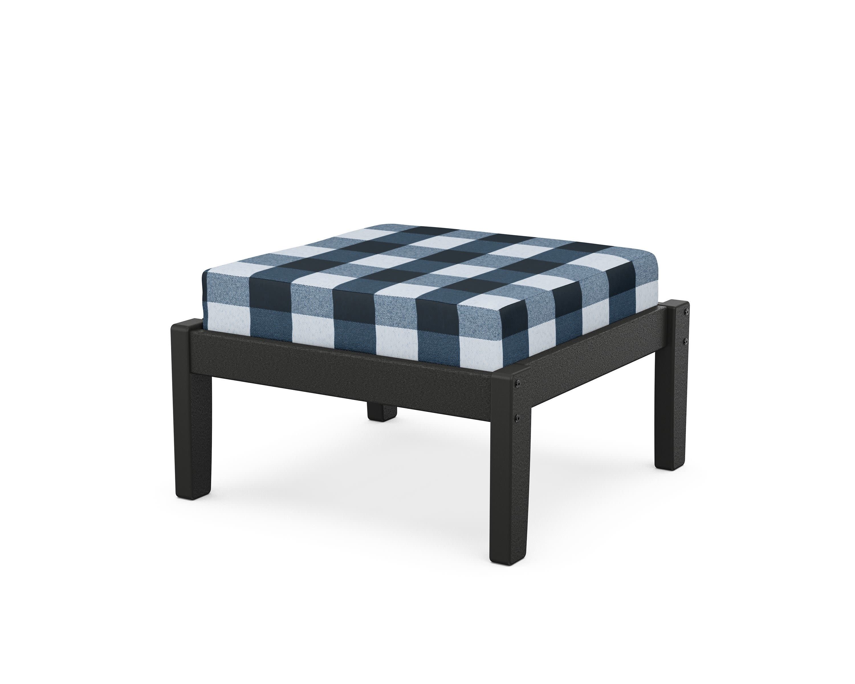 Deep Seating Ottoman in Black / Buffalo Plaid Marine Indigo
