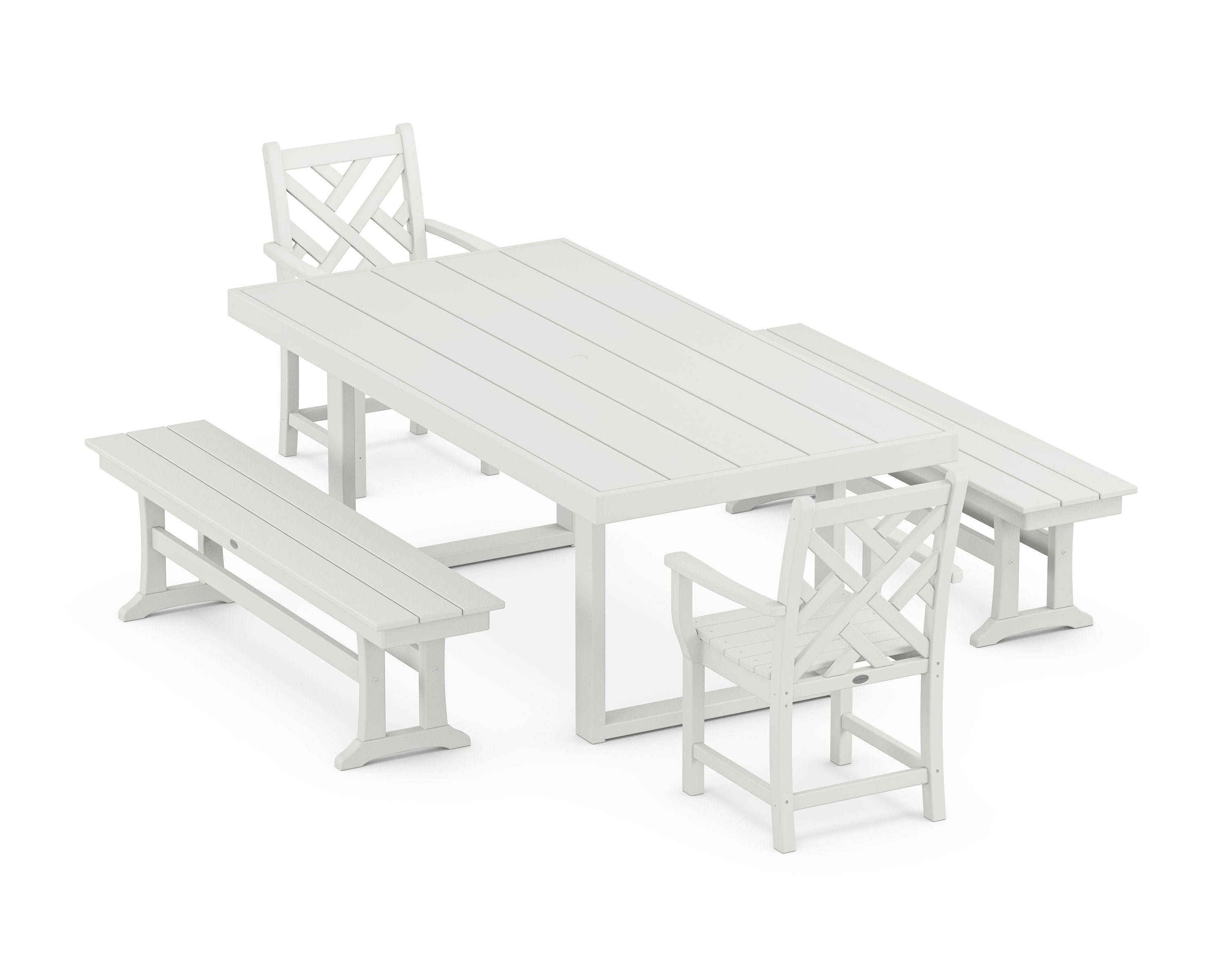 Chippendale 5-Piece Dining Set with Benches in White