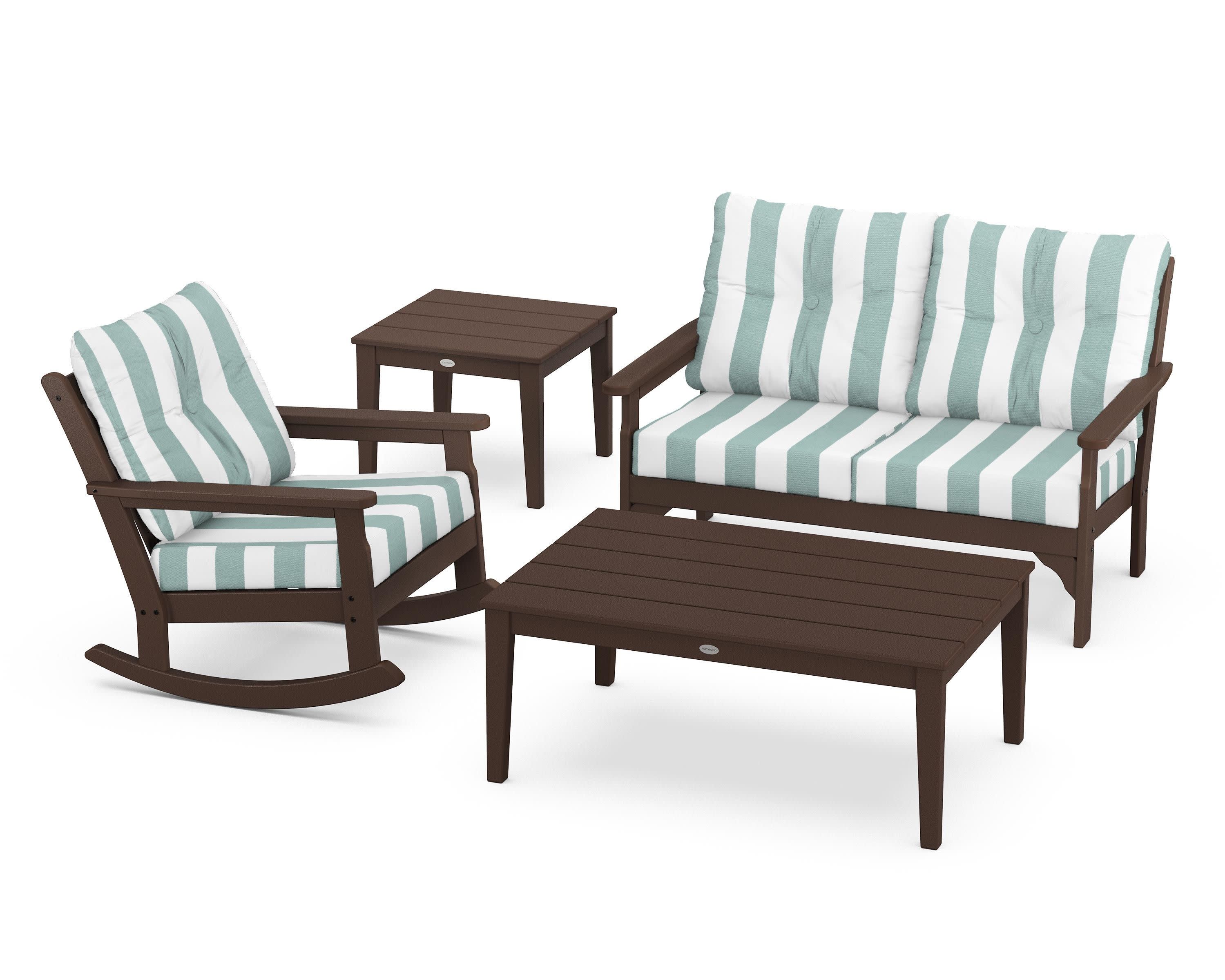 Vineyard 4-Piece Deep Seating Rocker Set in Mahogany / Cabana Stripe Glacier Spa