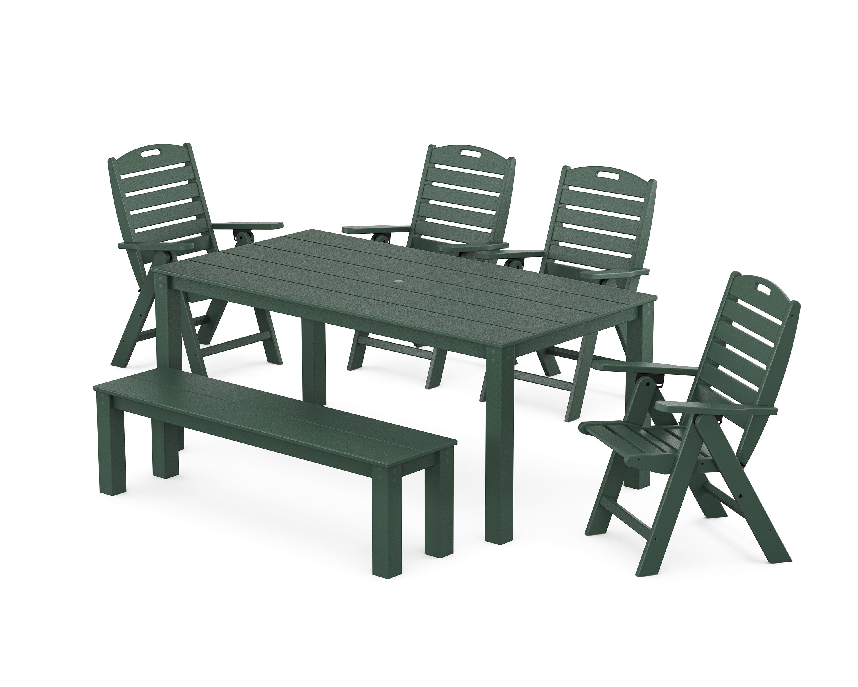 Nautical Folding Highback Chair 6-Piece Parsons Dining Set with Bench in Green