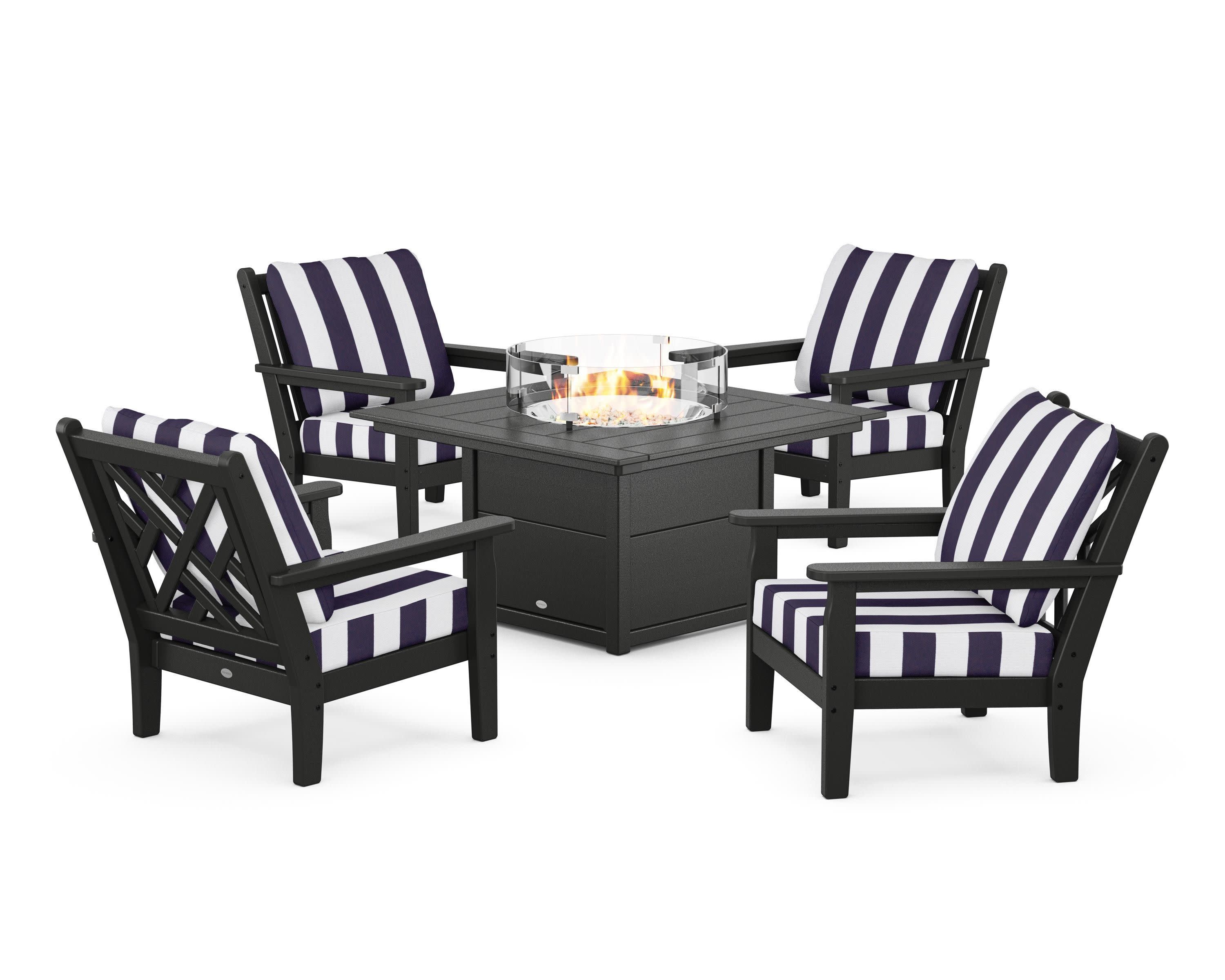 Chippendale 5-Piece Deep Seating Set with Fire Pit Table in Black / Cabana Stripe Navy