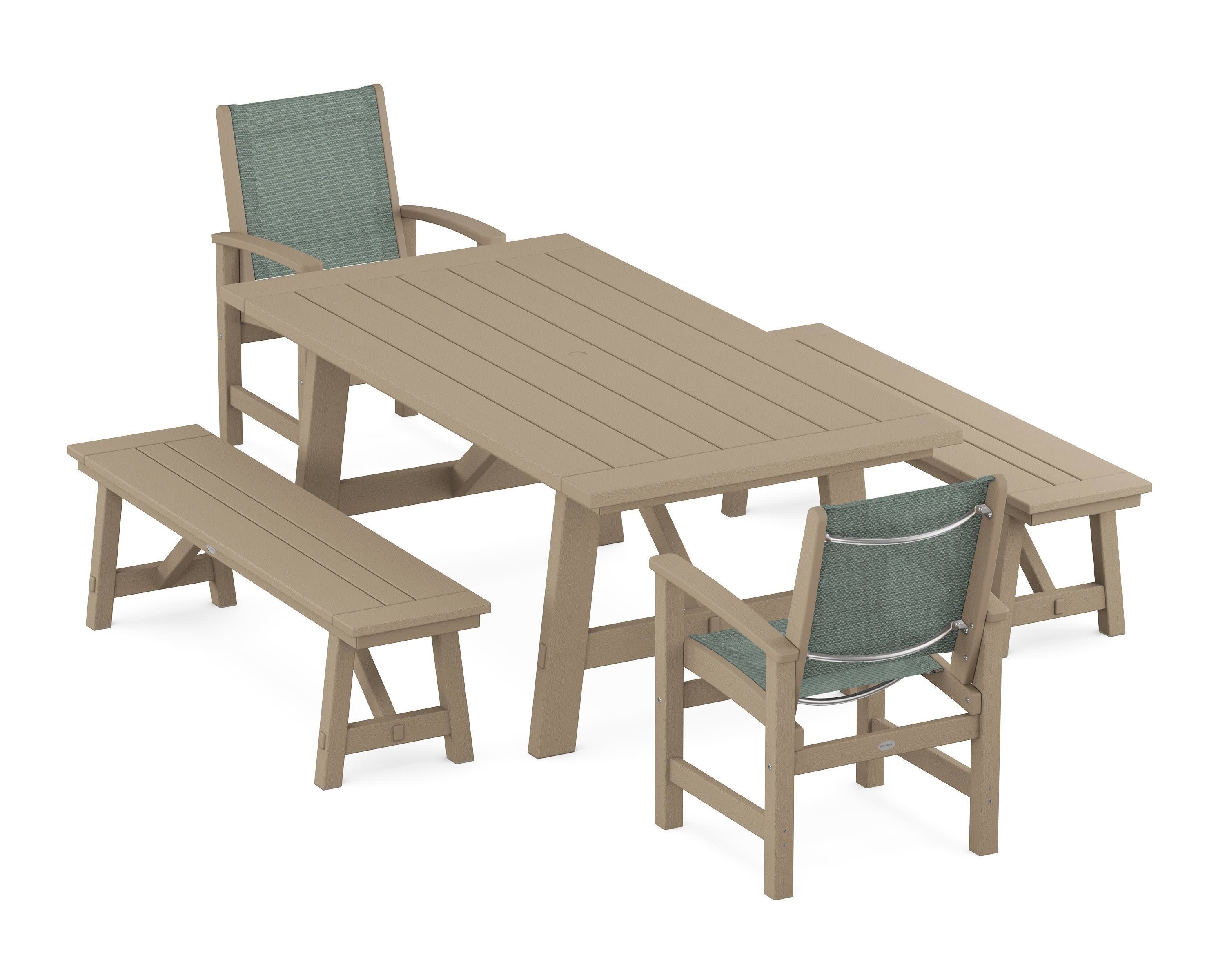 Coastal 5-Piece Rustic Farmhouse Dining Set With Benches in Vintage Sahara / Dupioni Sea Mist Sling