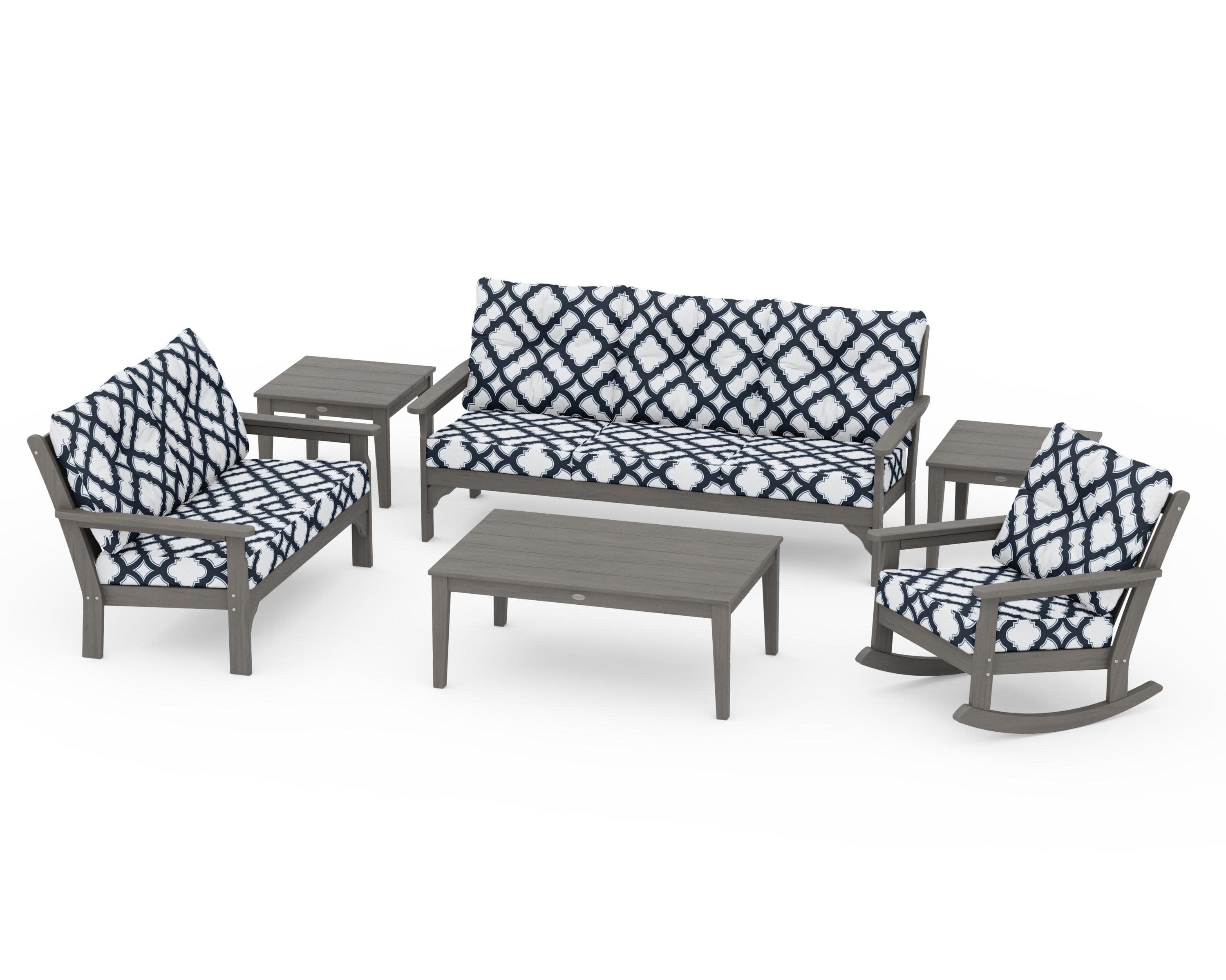 Vineyard 6-Piece Deep Seating Set in Driftwood / Trellis Marine Indigo