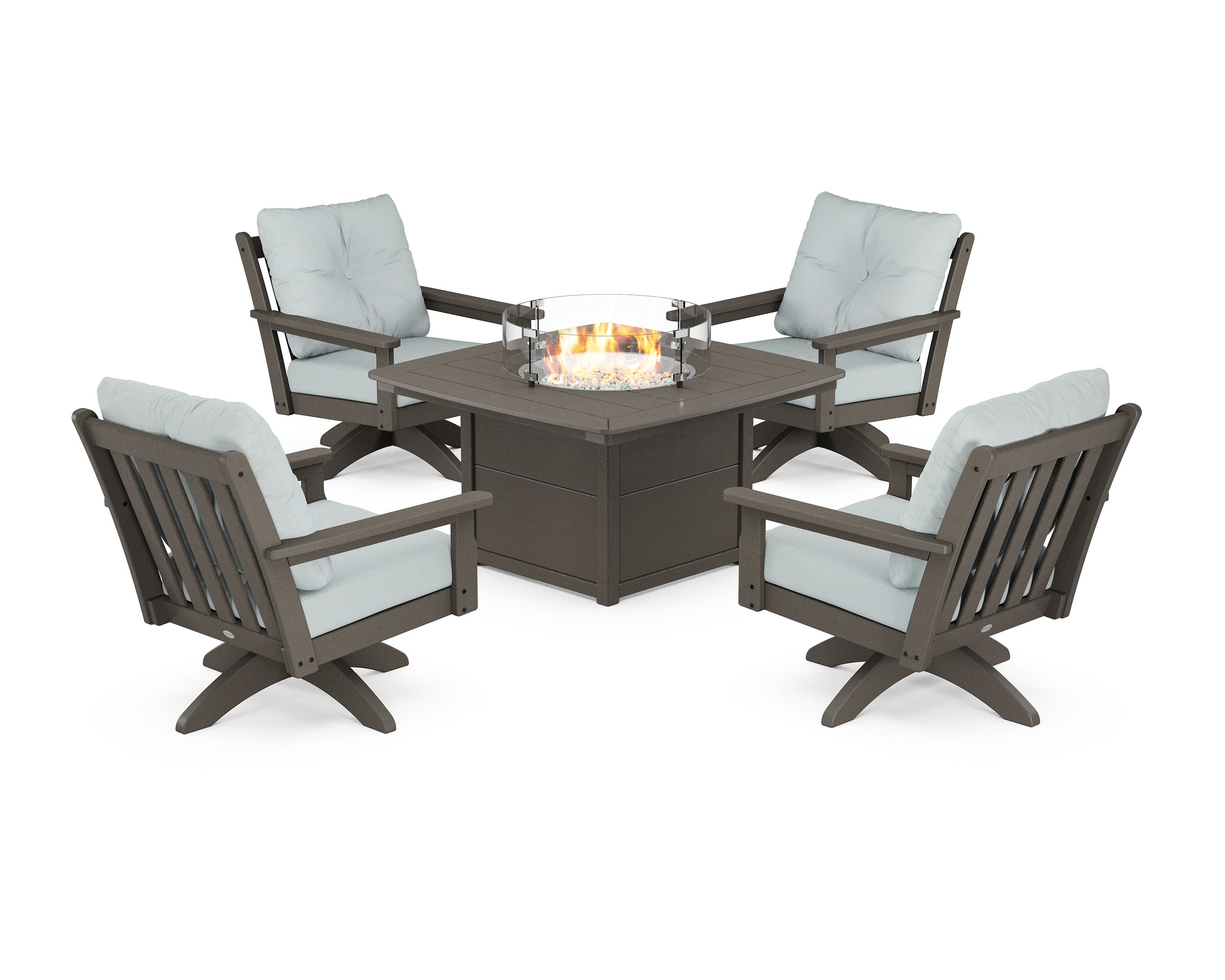 Vineyard 5-Piece Deep Seating Swivel Conversation Set with Fire Pit Table in Vintage Coffee / Spa