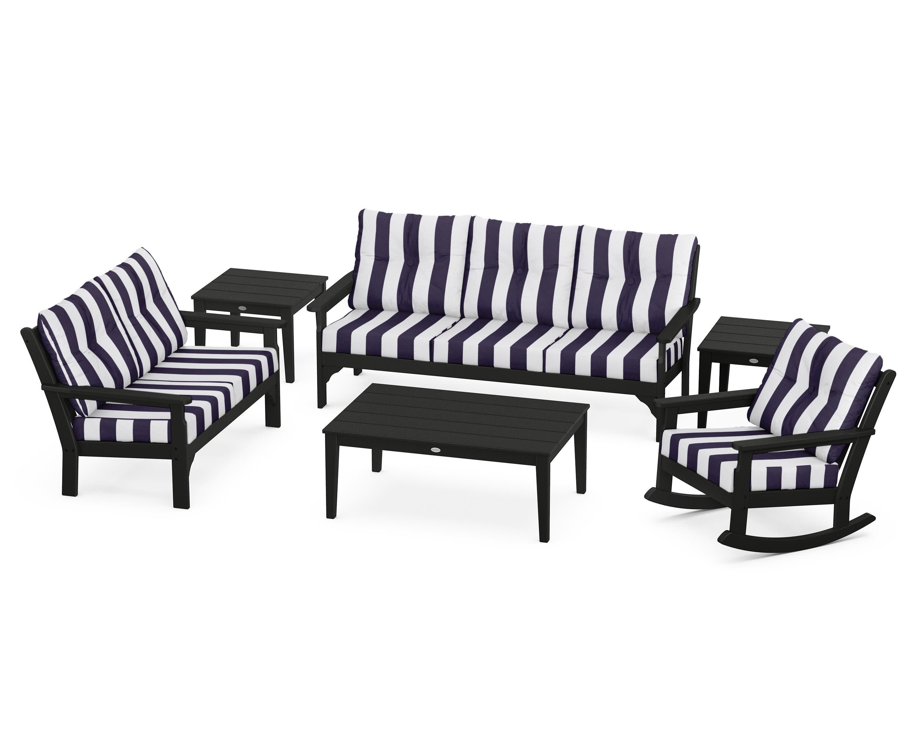 Vineyard 6-Piece Deep Seating Set in Black / Cabana Stripe Navy