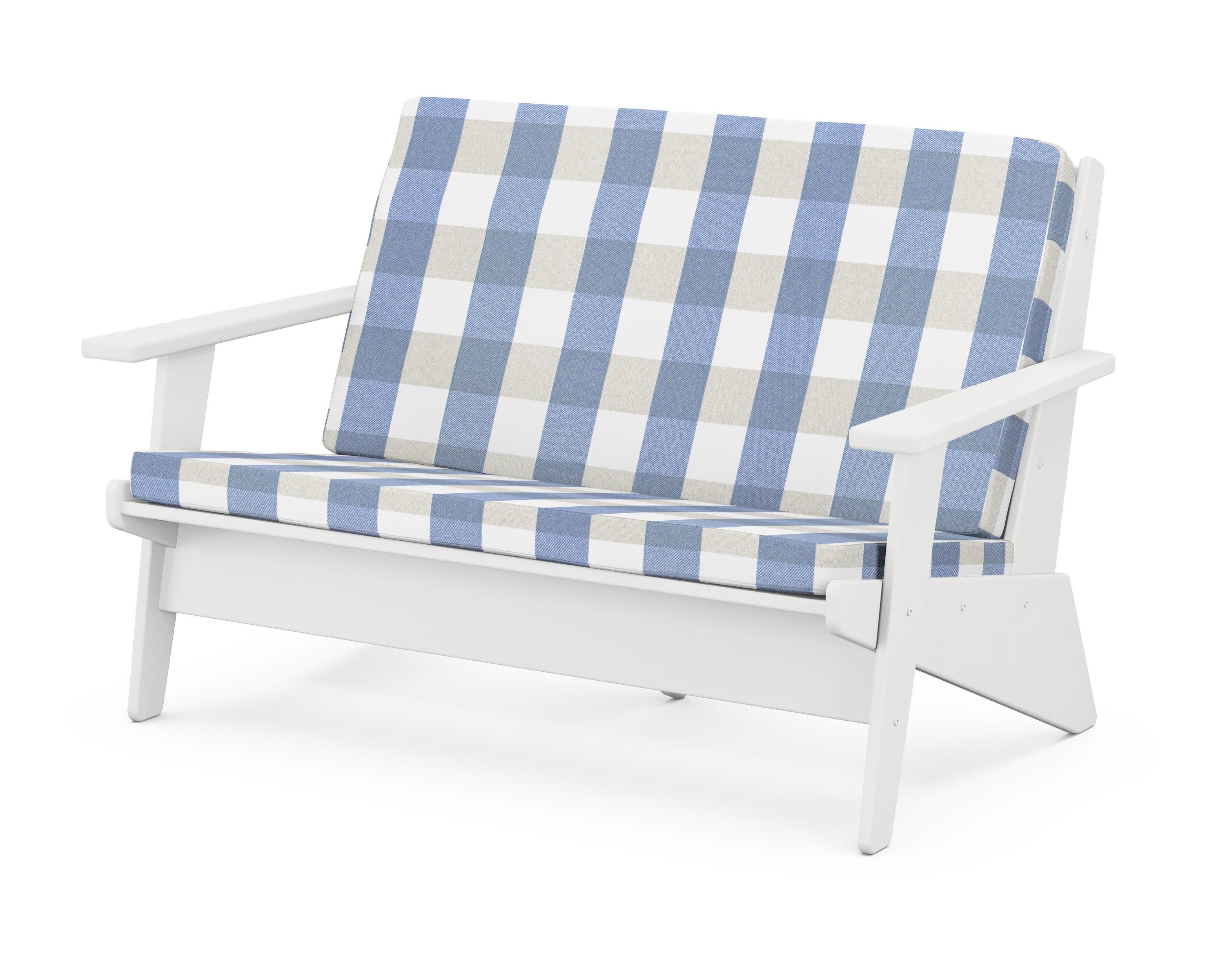 Riviera Modern Lounge Loveseat in White / Buffalo Plaid Sky Blue