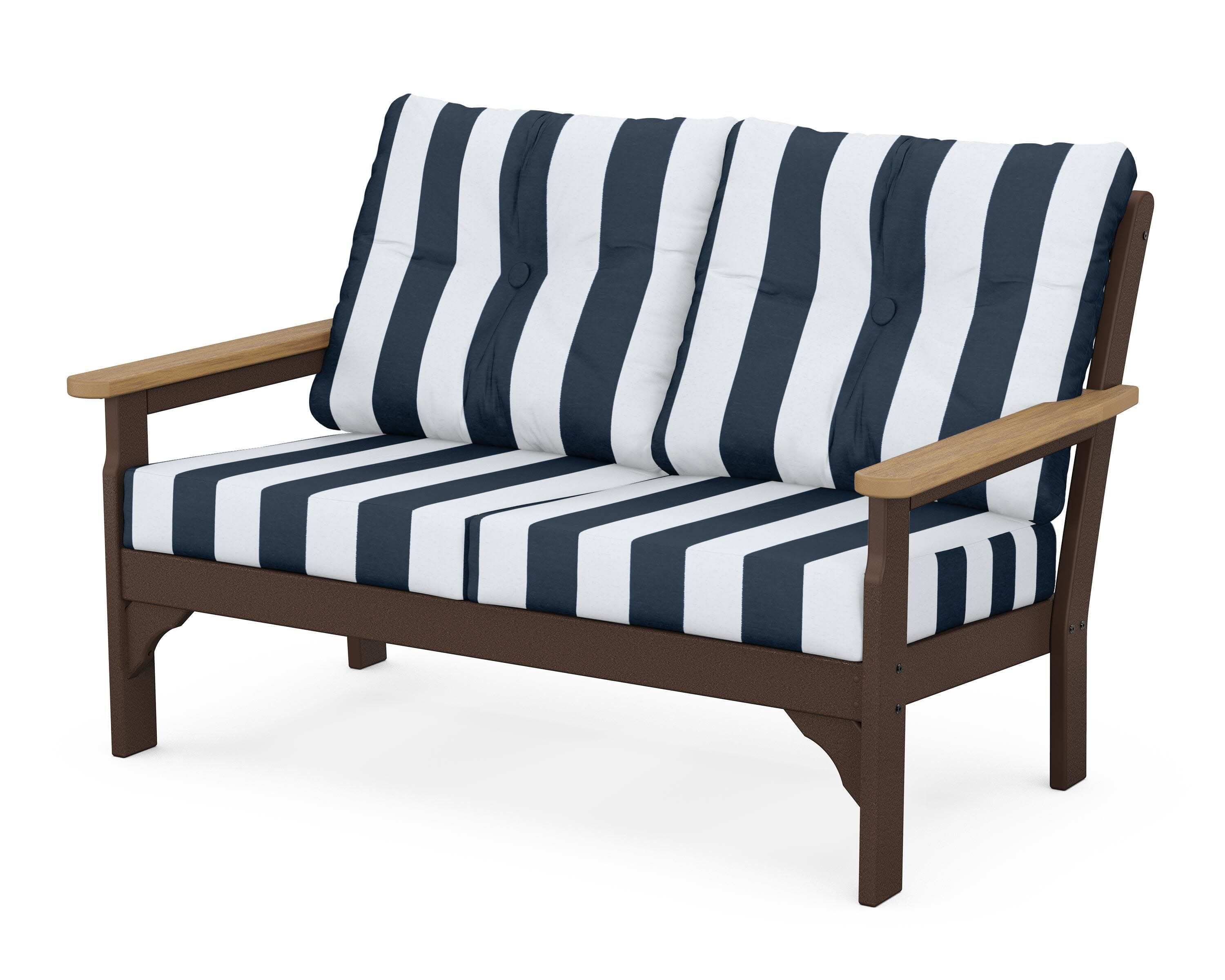 Vineyard Deep Seating Loveseat in Mahogany / Natural / Cabana Stripe Marine Indigo