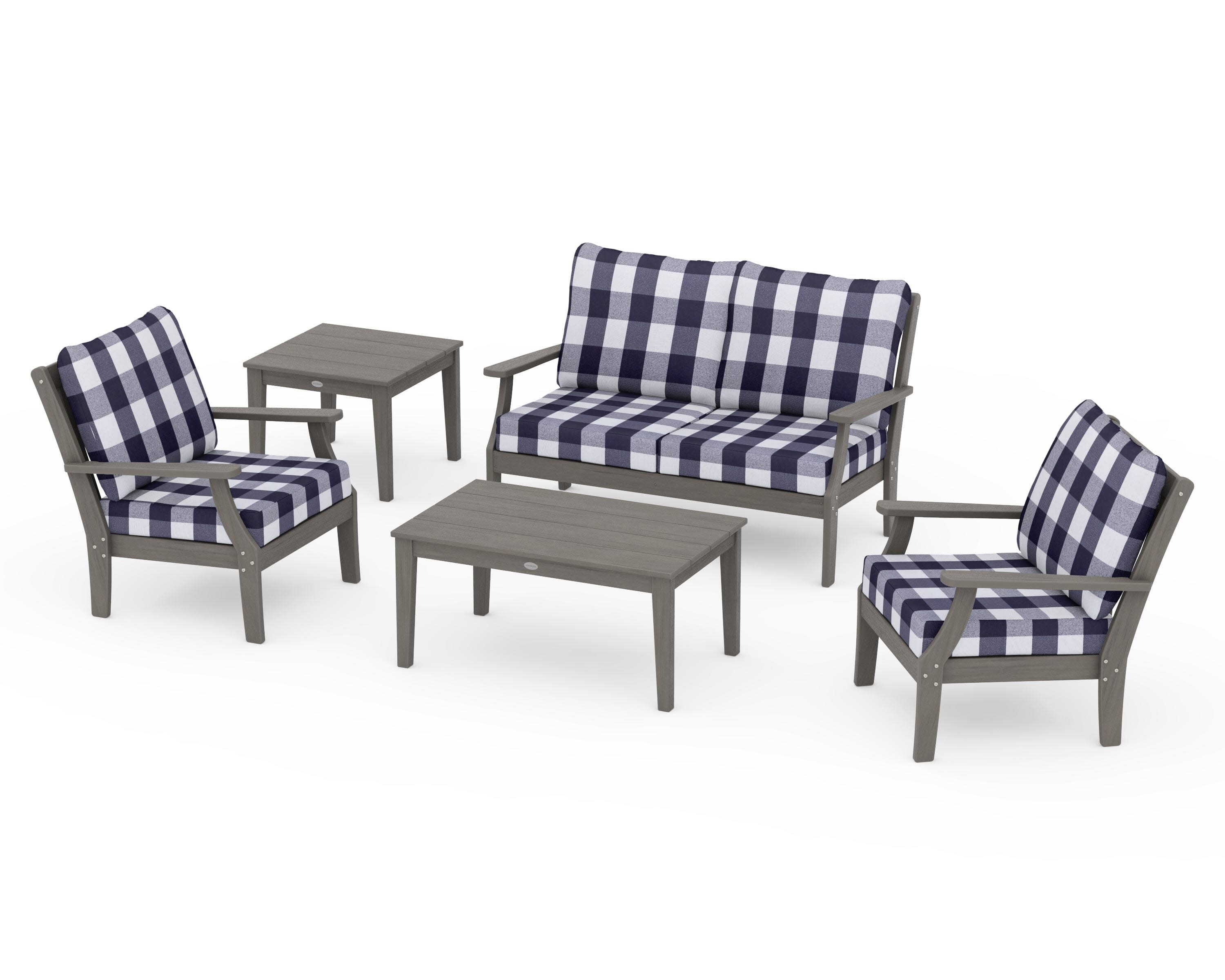 Braxton 5-Piece Deep Seating Set in Driftwood / Buffalo Plaid Navy