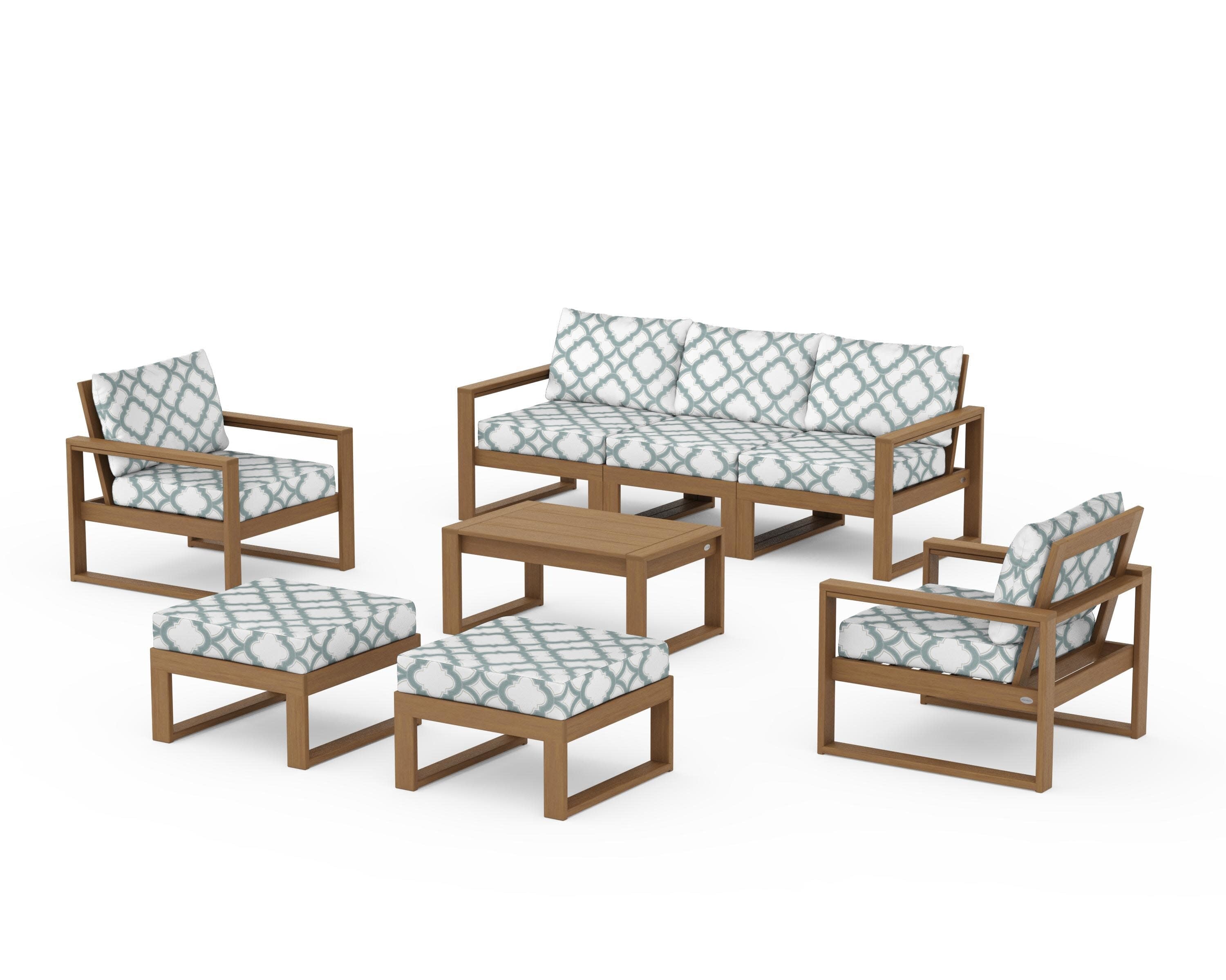 EDGE Sectional 8-Piece Lounge Sofa Set in Natural / Trellis Glacier Spa