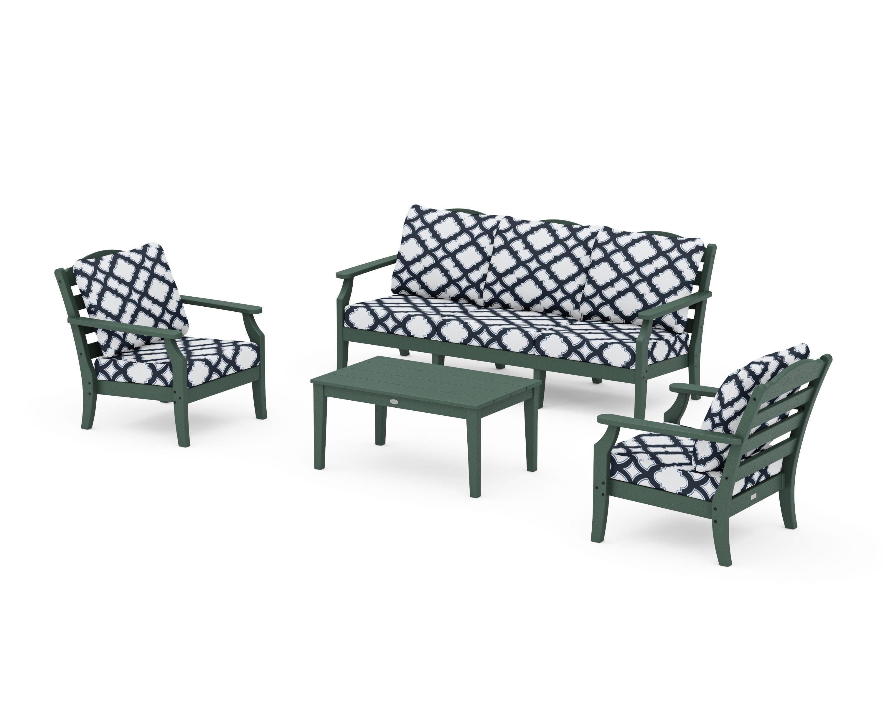 Savannah 4-Piece Deep Seating Set with Sofa in Green / Trellis Marine Indigo