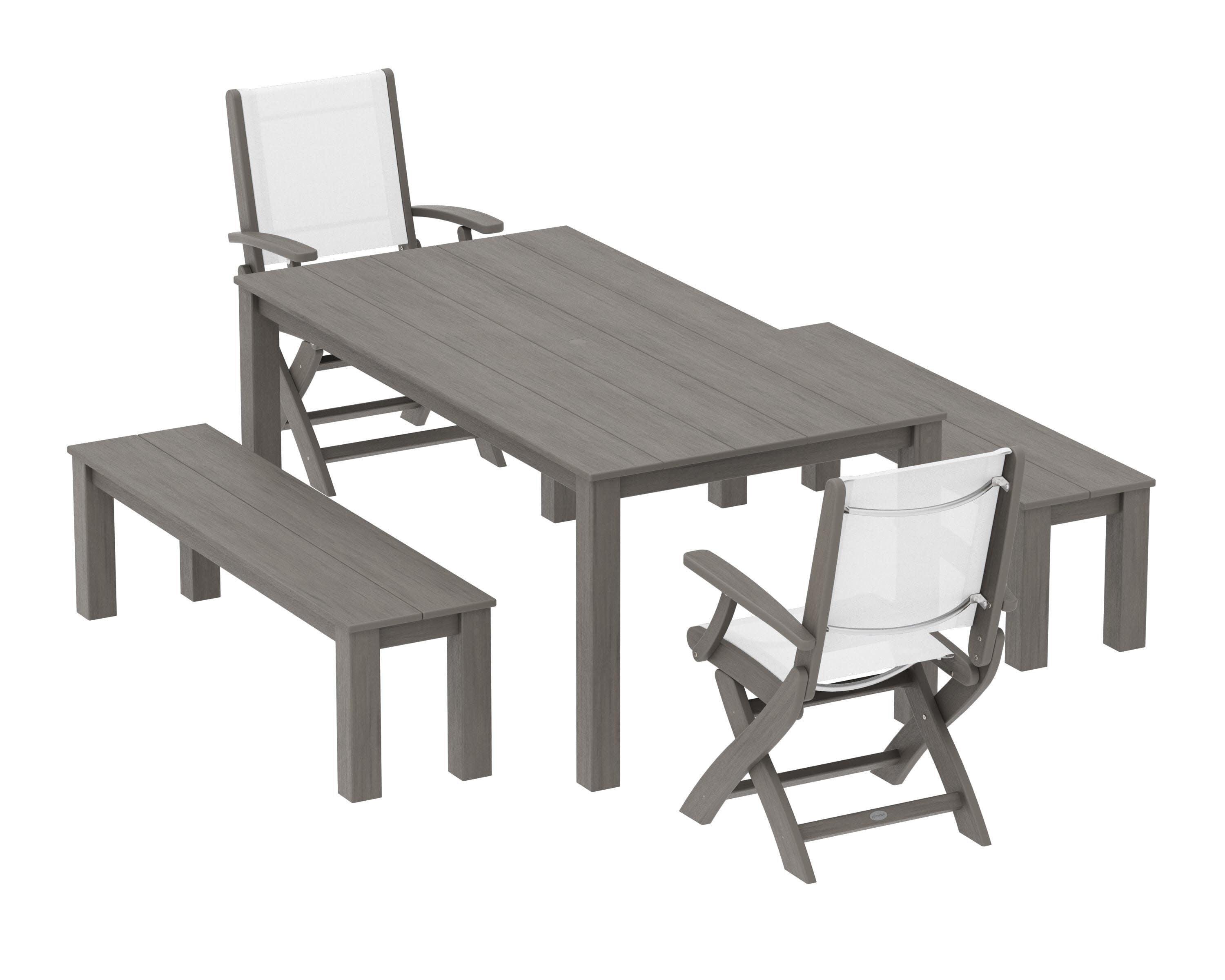 Coastal Folding Chair 5-Piece Parsons Dining Set with Benches in Driftwood / White Sling