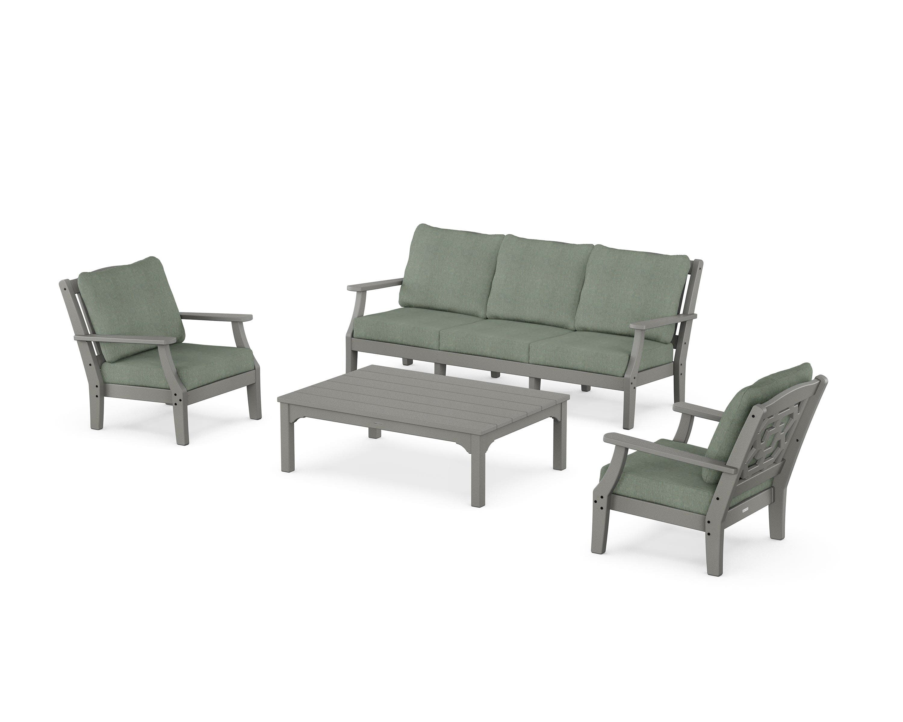 Chinoiserie 4-Piece Deep Seating Set with Sofa in Slate Grey / Cast Sage