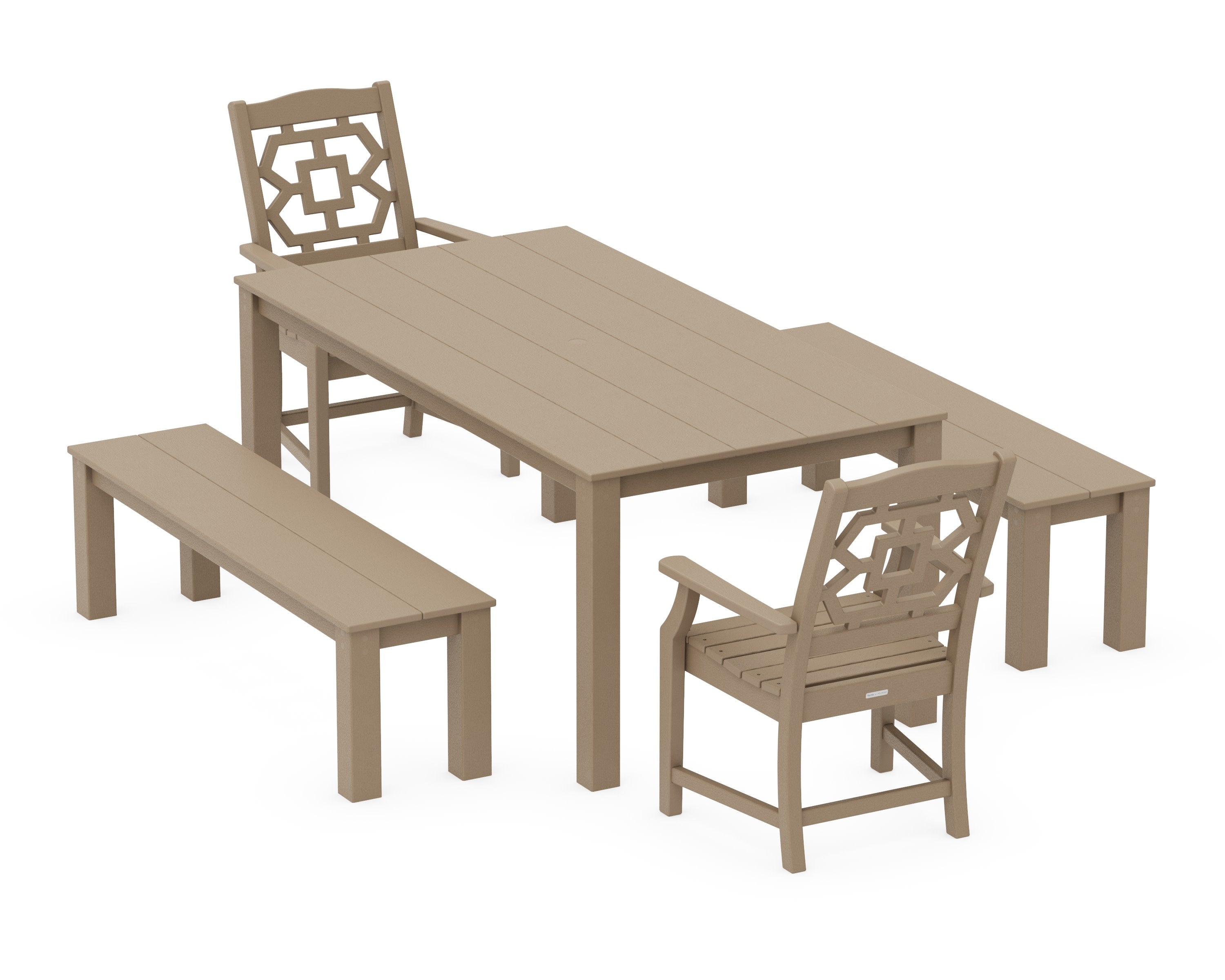 Chinoiserie 5-Piece Parsons Dining Set with Benches in Vintage Sahara