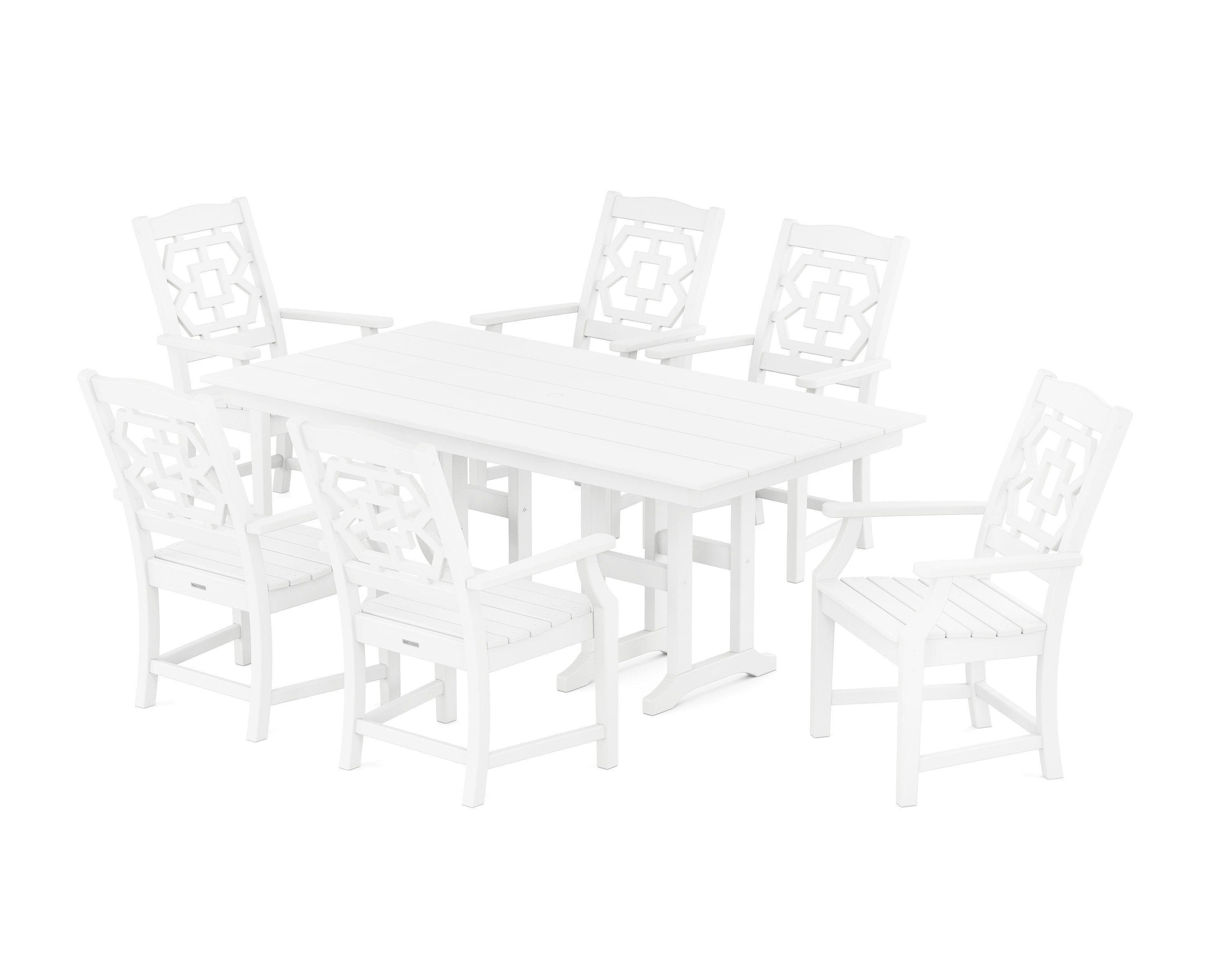 Chinoiserie Arm Chair 7-Piece Farmhouse Dining Set in White