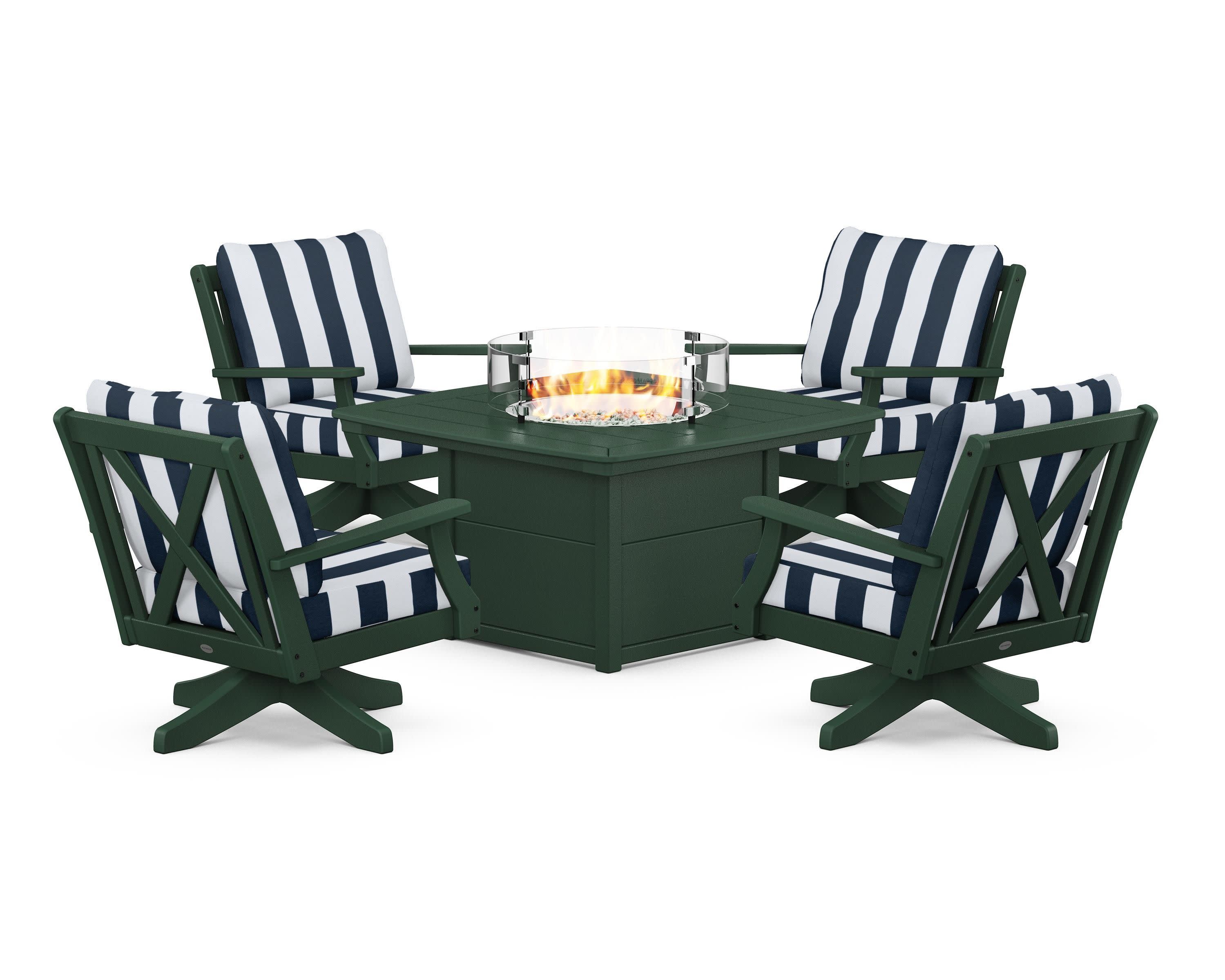 Braxton 5-Piece Deep Seating Swivel Conversation Set with Fire Pit Table in Green / Cabana Stripe Marine Indigo