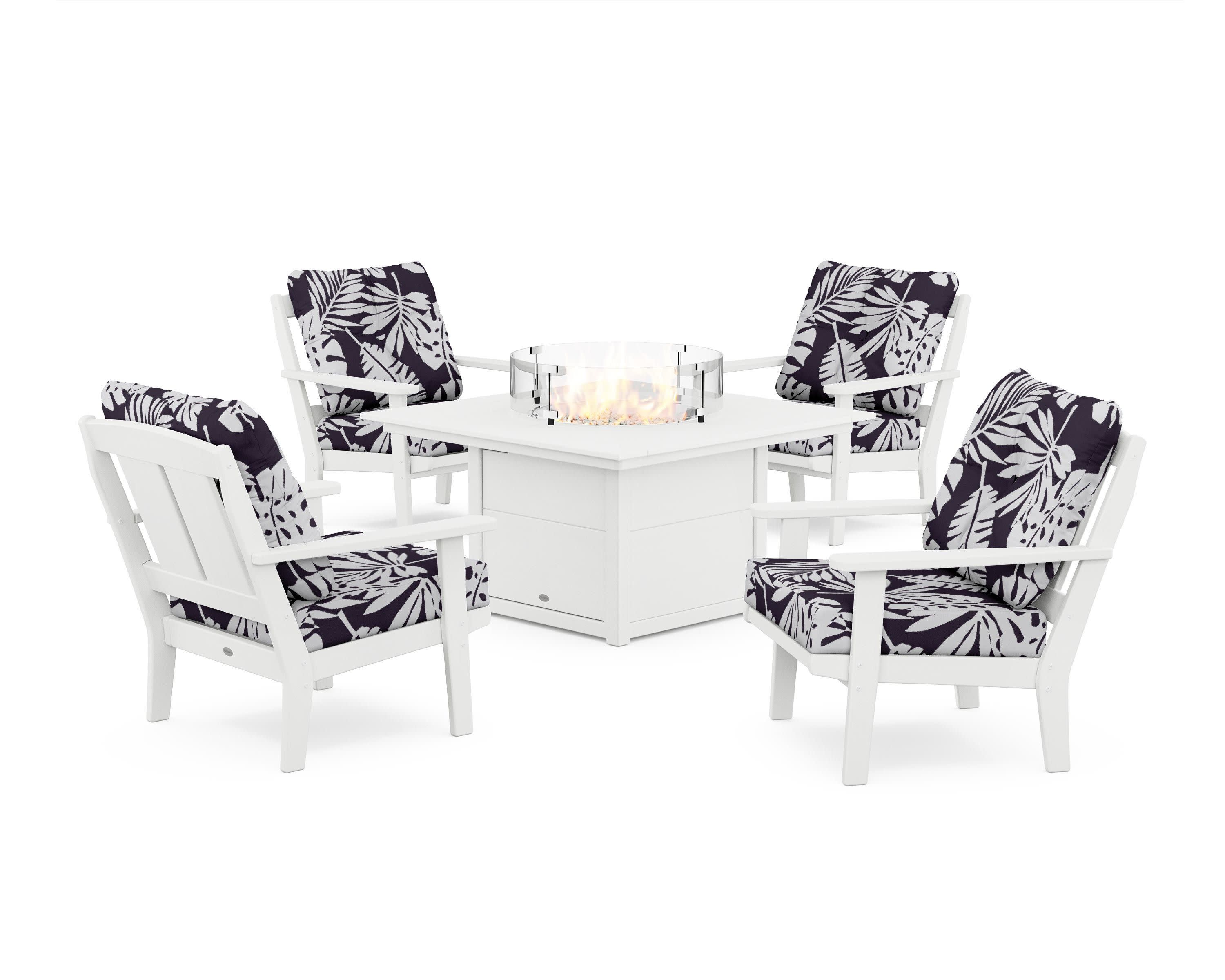 Mission 5-Piece Deep Seating Set with Fire Pit Table in White / Leaf Navy