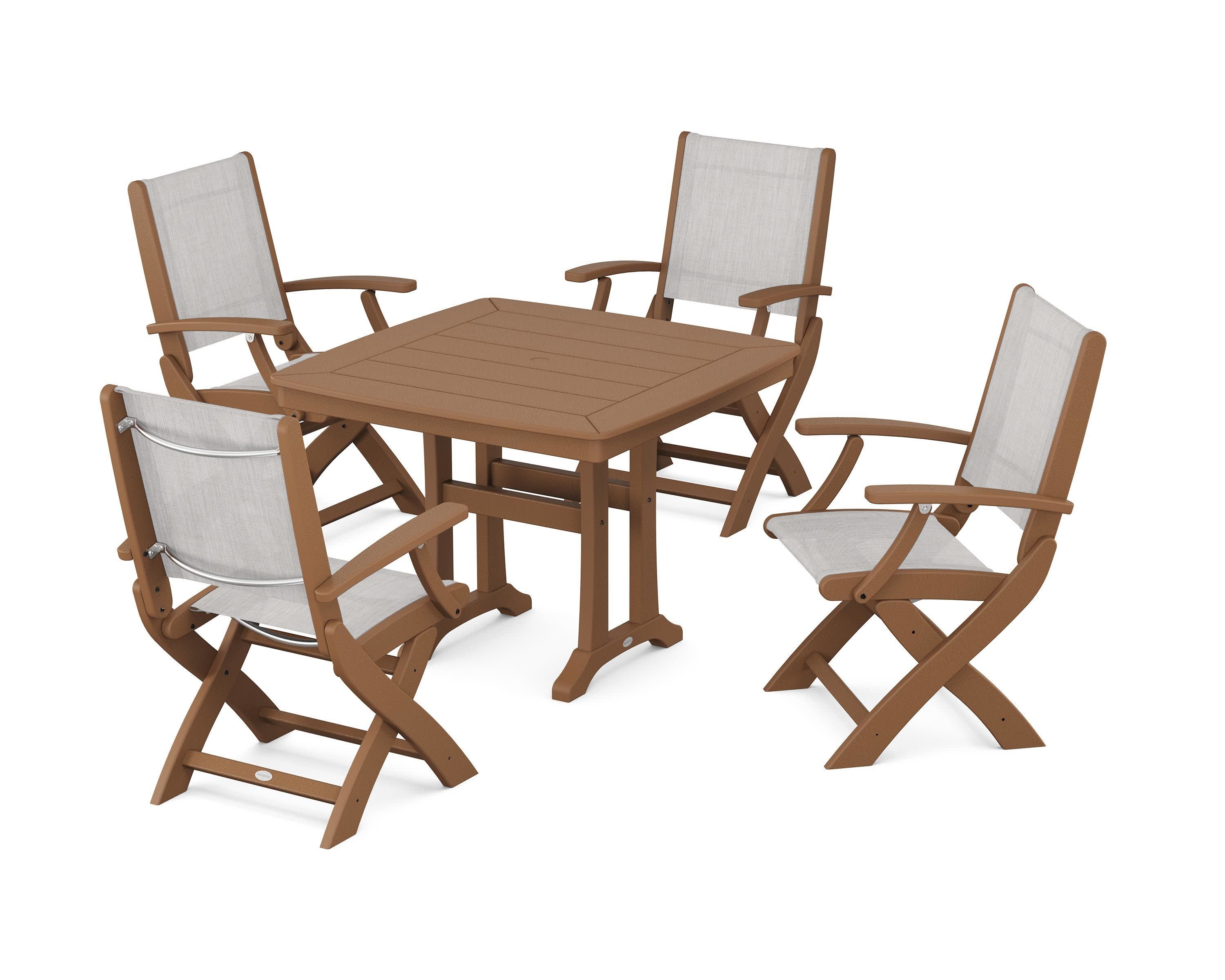 Coastal Folding Chair 5-Piece Dining Set with Trestle Legs in Teak / Parchment Sling