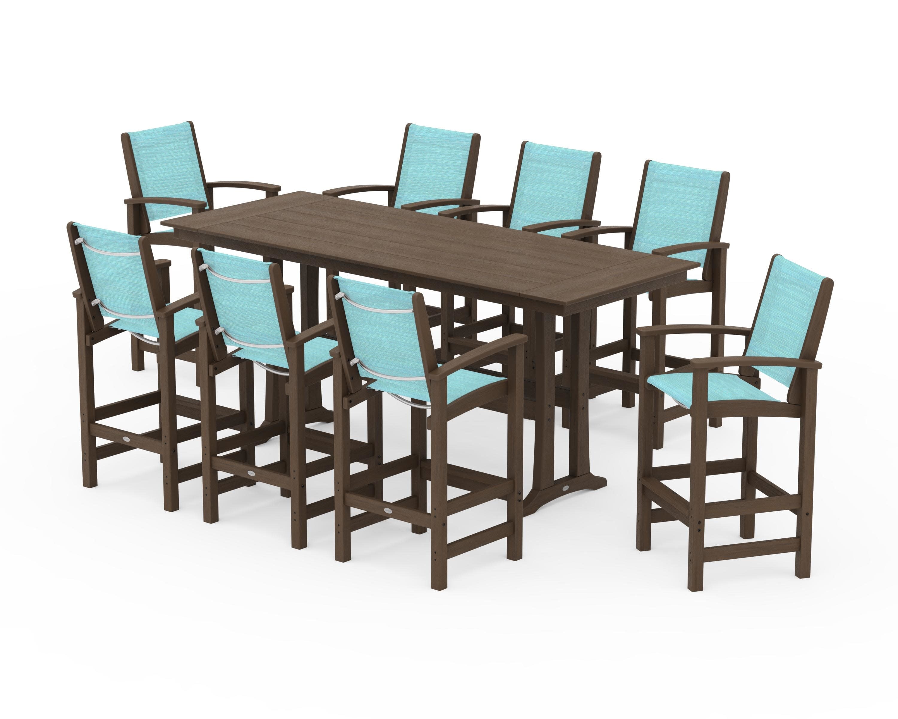 Coastal 9-Piece Farmhouse Bar Set with Trestle Legs in Kona / Dupioni Aquamarine Sling
