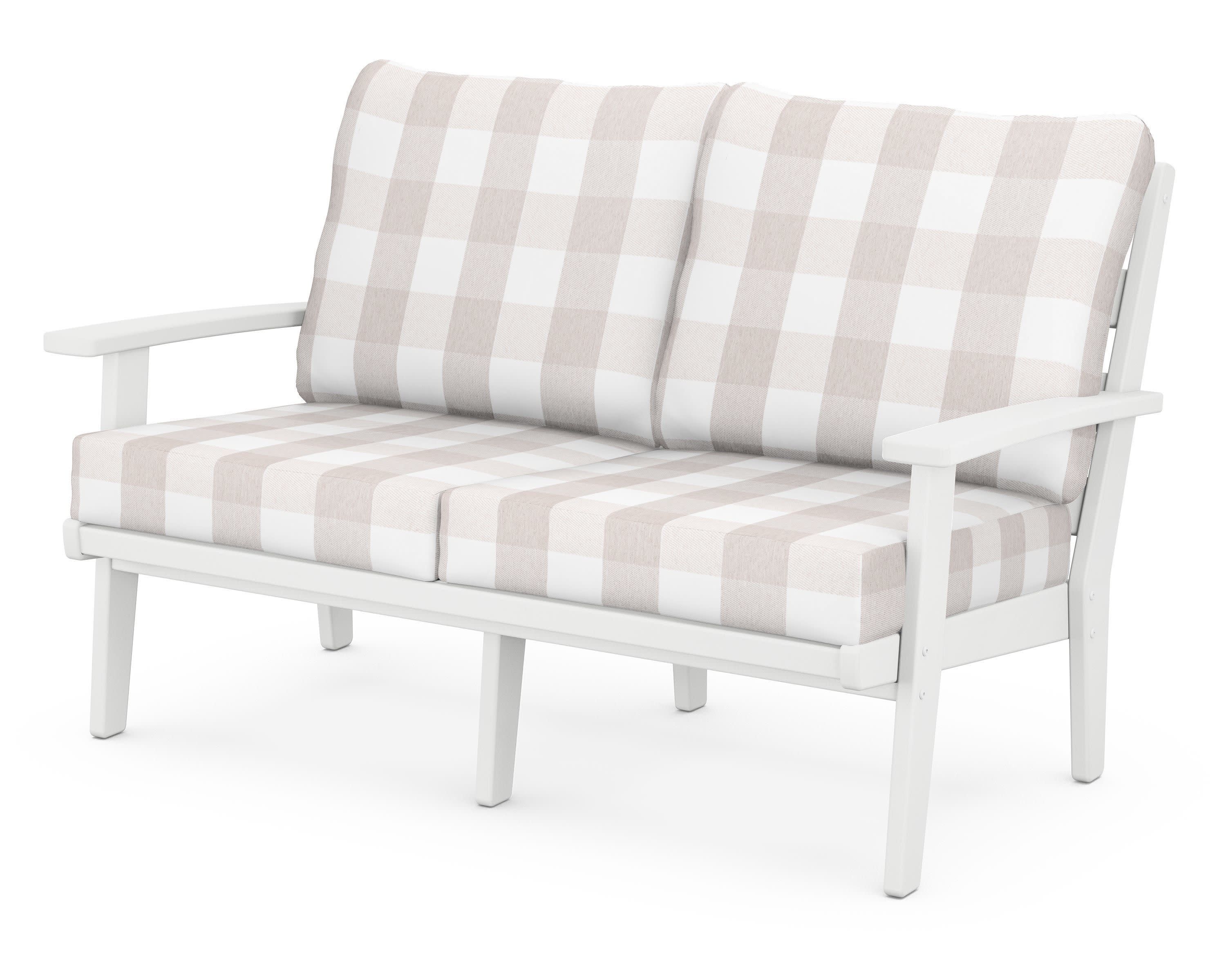 Grant Park Deep Seating Loveseat in White / Buffalo Plaid Dune Burlap