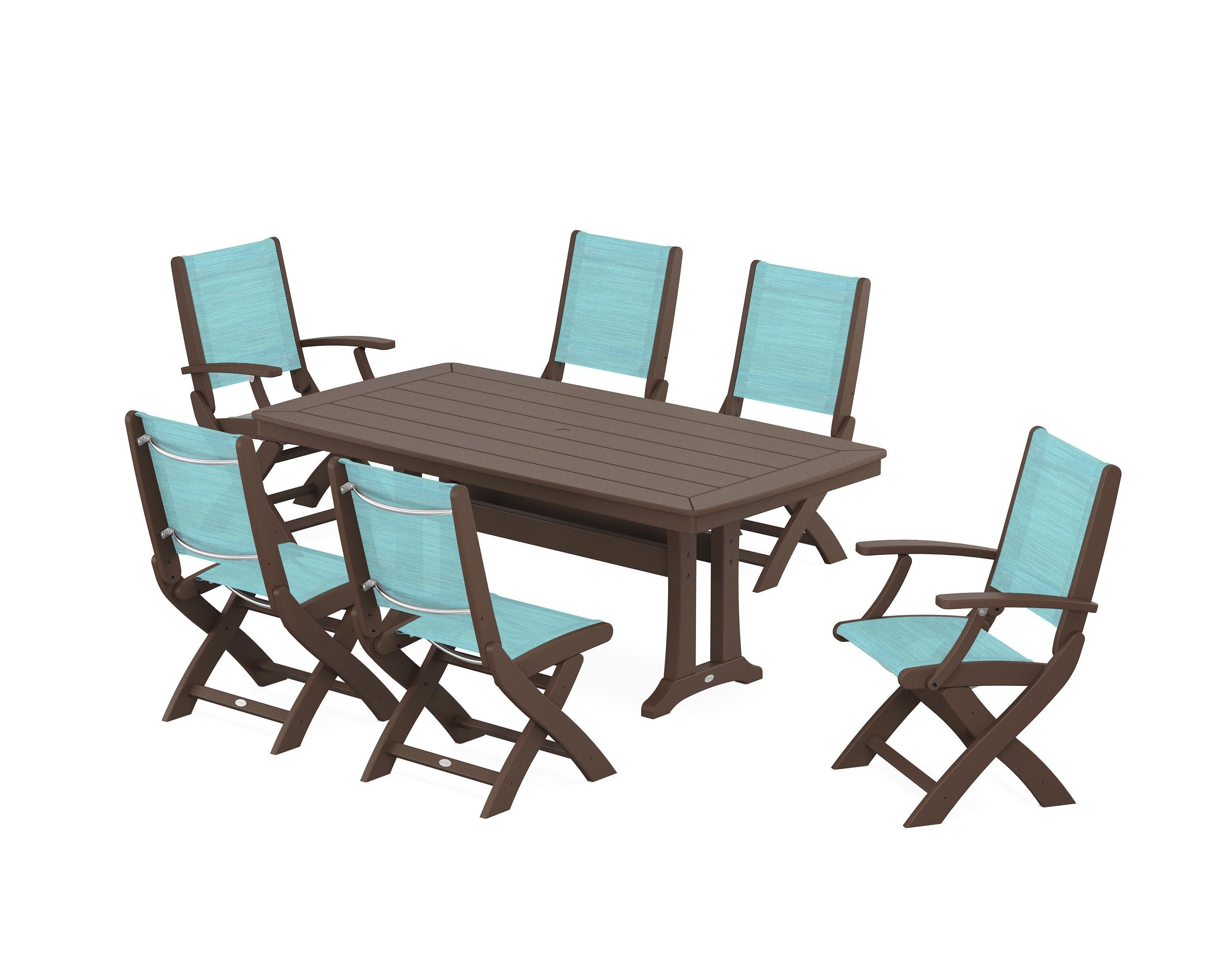 Coastal Folding Chair 7-Piece Dining Set with Trestle Legs in Mahogany / Dupioni Aquamarine Sling
