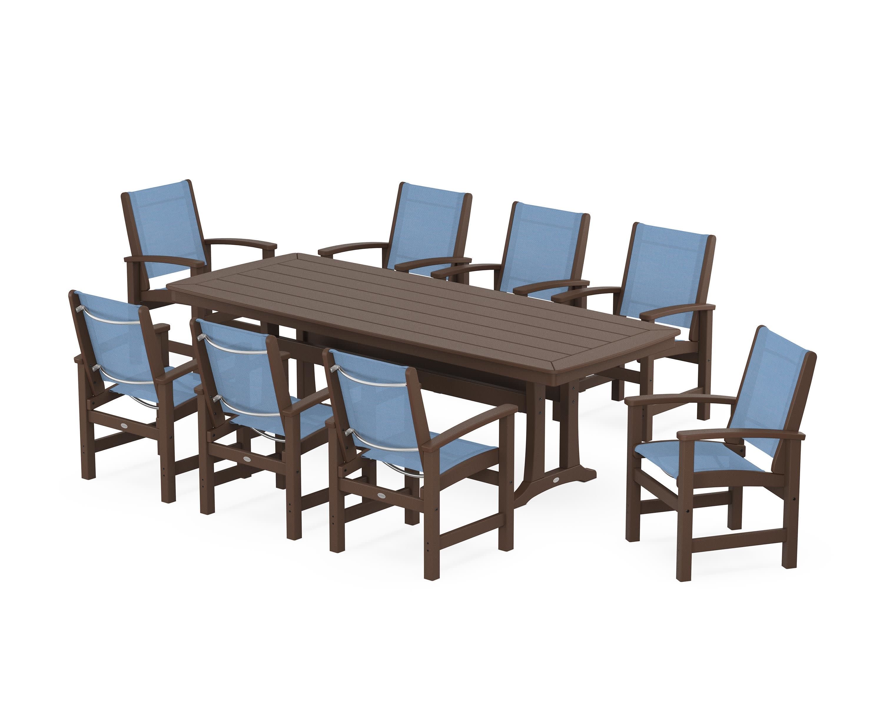 Coastal 9-Piece Dining Set with Trestle Legs in Mahogany / Poolside Sling