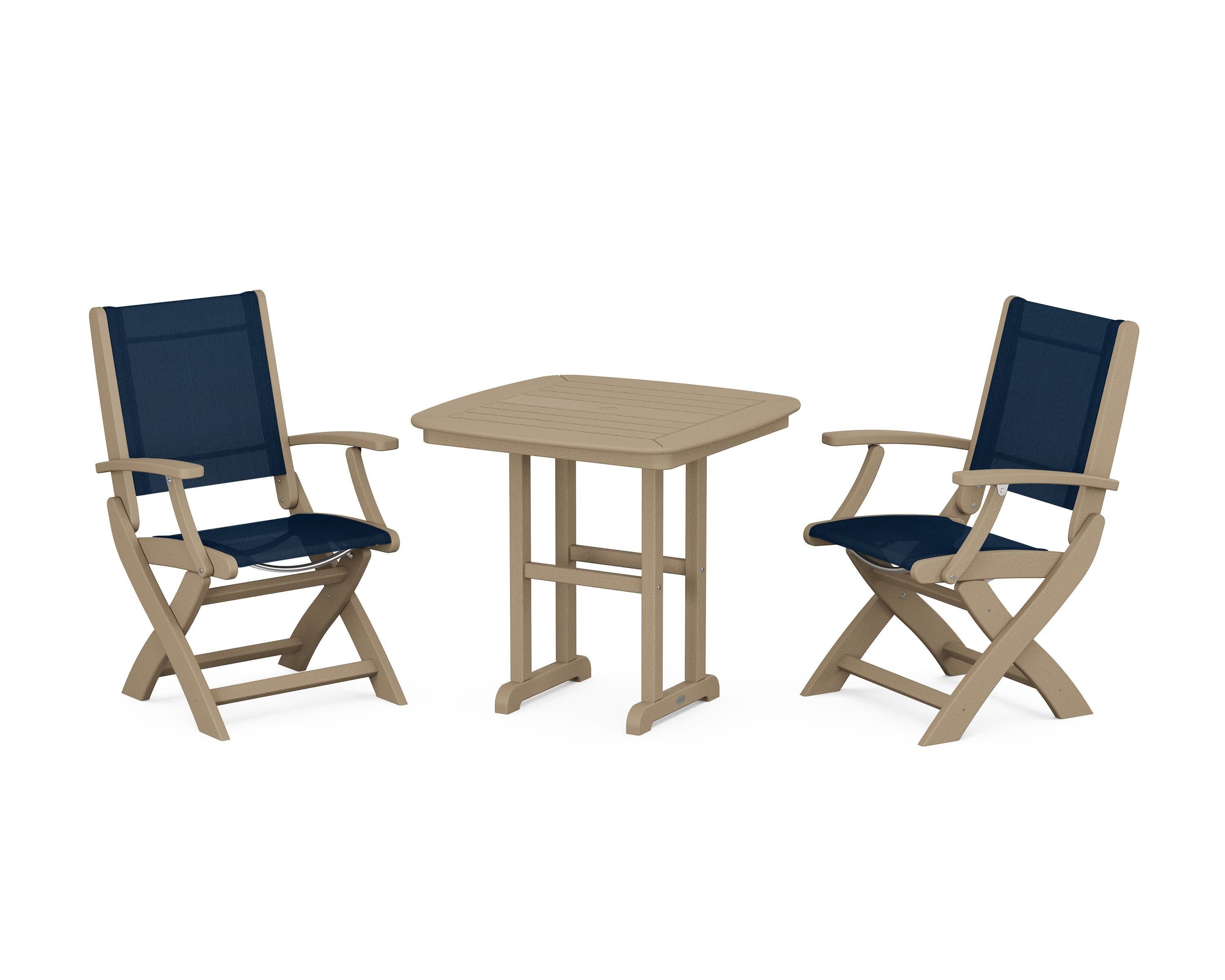 Coastal Folding Chair 3-Piece Dining Set in Vintage Sahara / Navy Blue Sling
