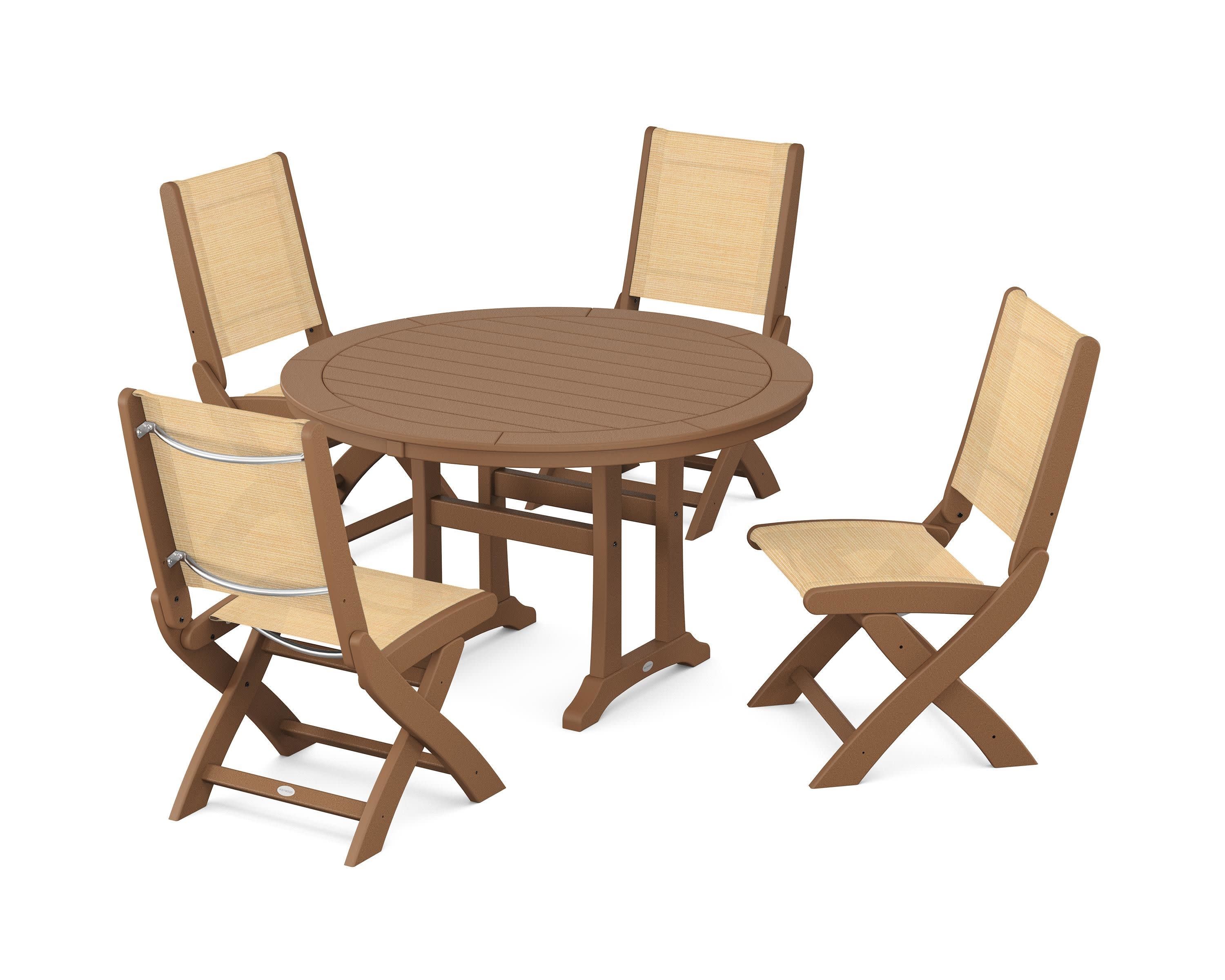 Coastal Folding Side Chair 5-Piece Round Dining Set With Trestle Legs in Teak / Dupioni Apricot Sling
