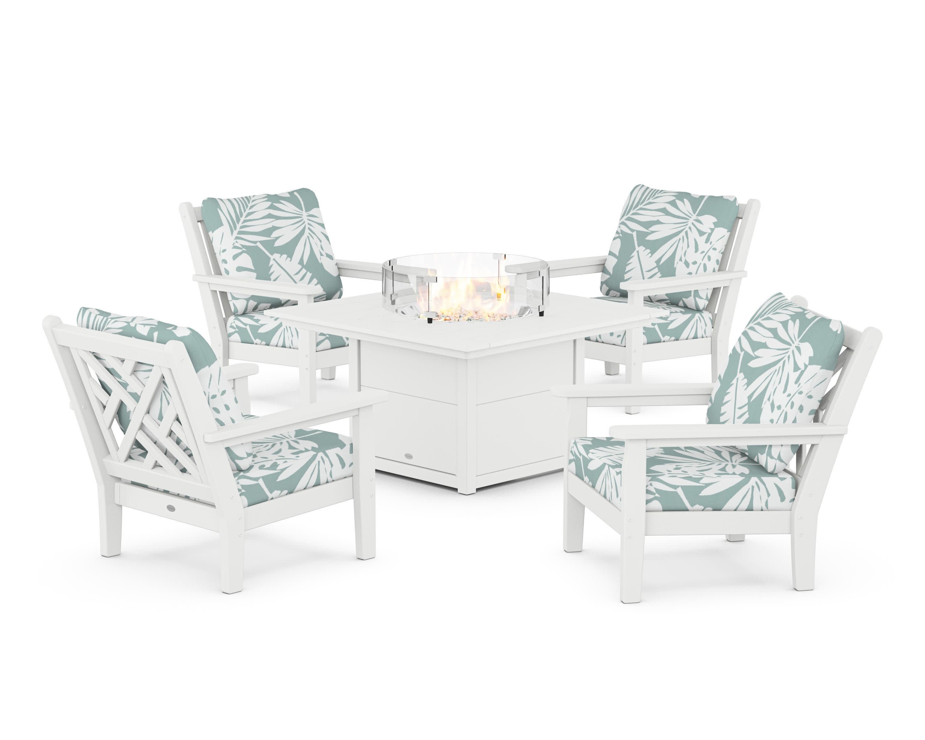 Chippendale 5-Piece Deep Seating Set with Fire Pit Table in White / Leaf Glacier Spa