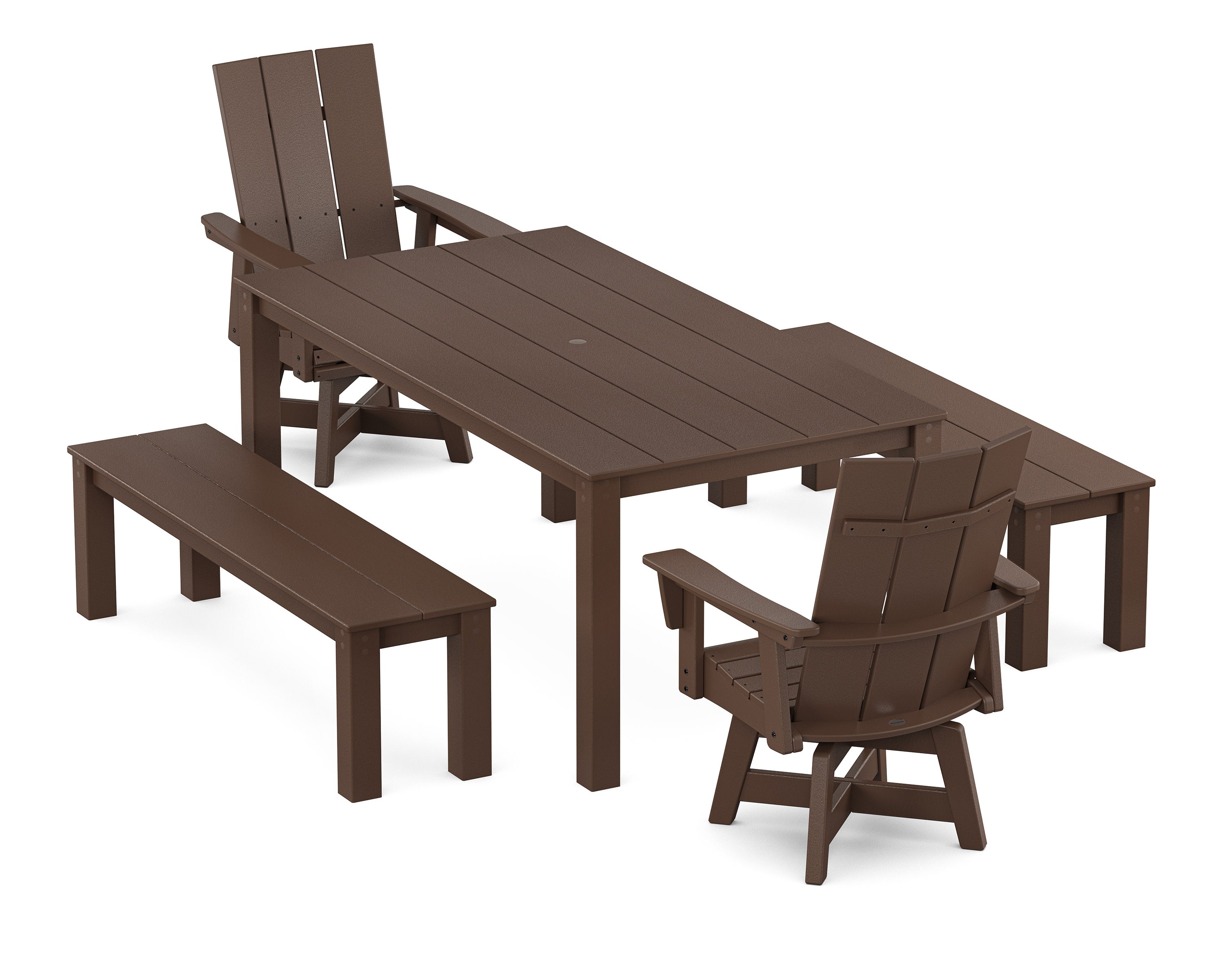 Modern Curveback Adirondack 5-Piece Parsons Swivel Dining Set with Benches in Mahogany