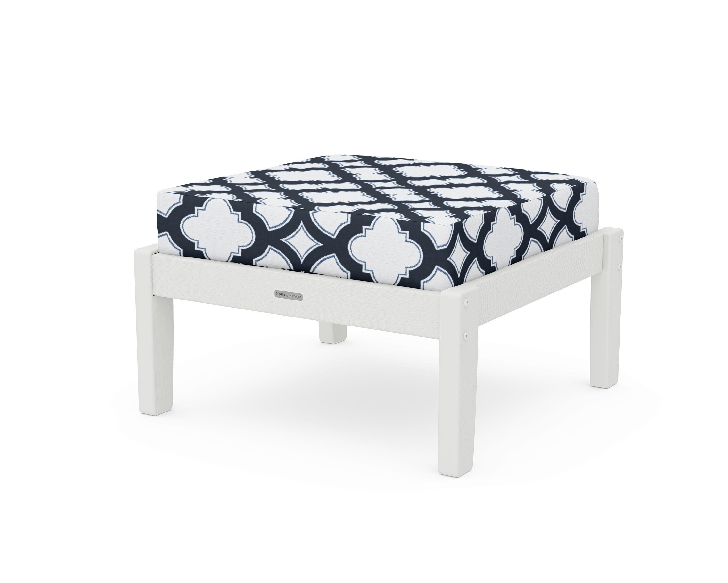 Chinoiserie Deep Seating Ottoman in Vintage White / Trellis Marine Indigo