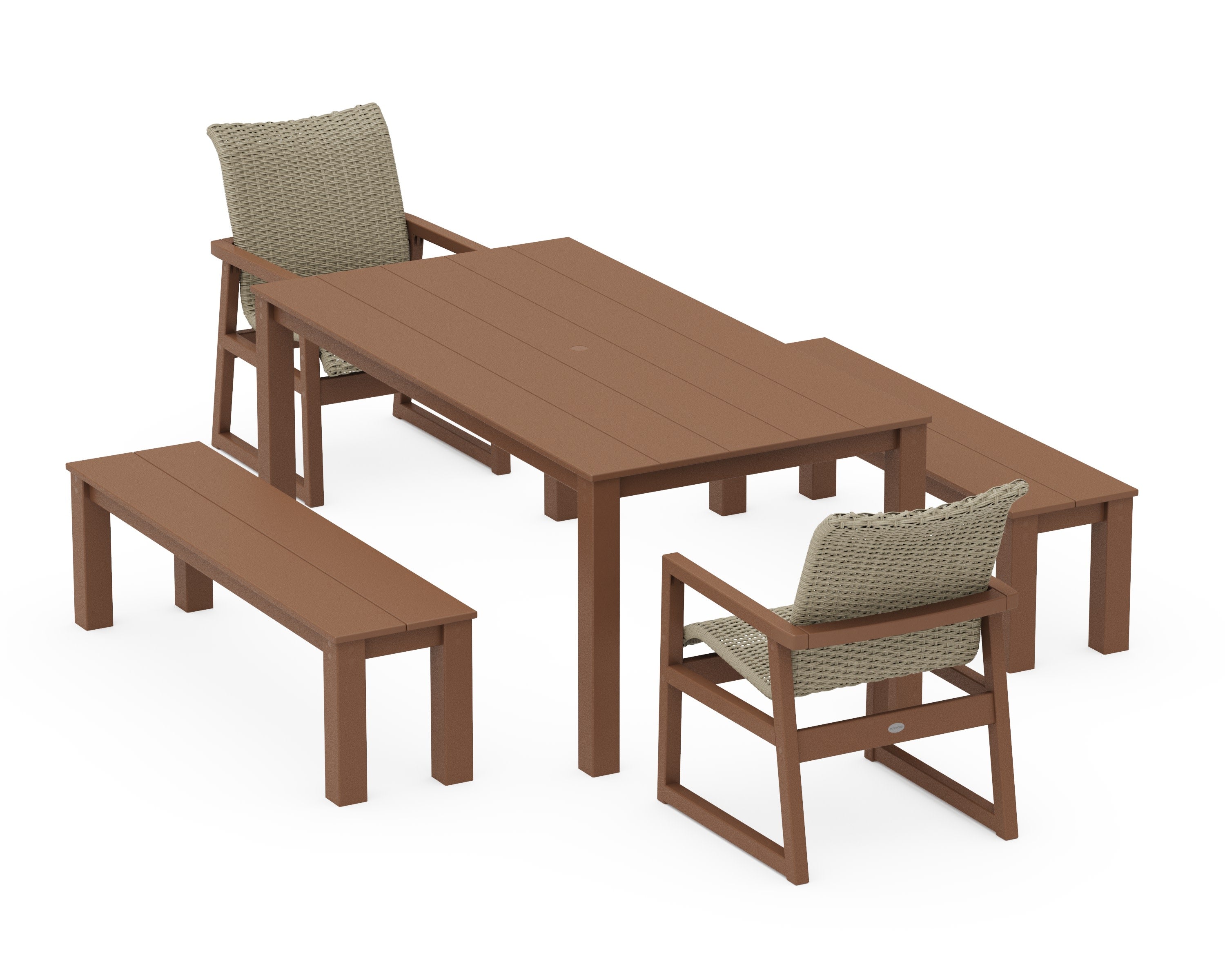 EDGE Woven 5-Piece Parsons Dining Set with Benches in Teak / Dune Grass