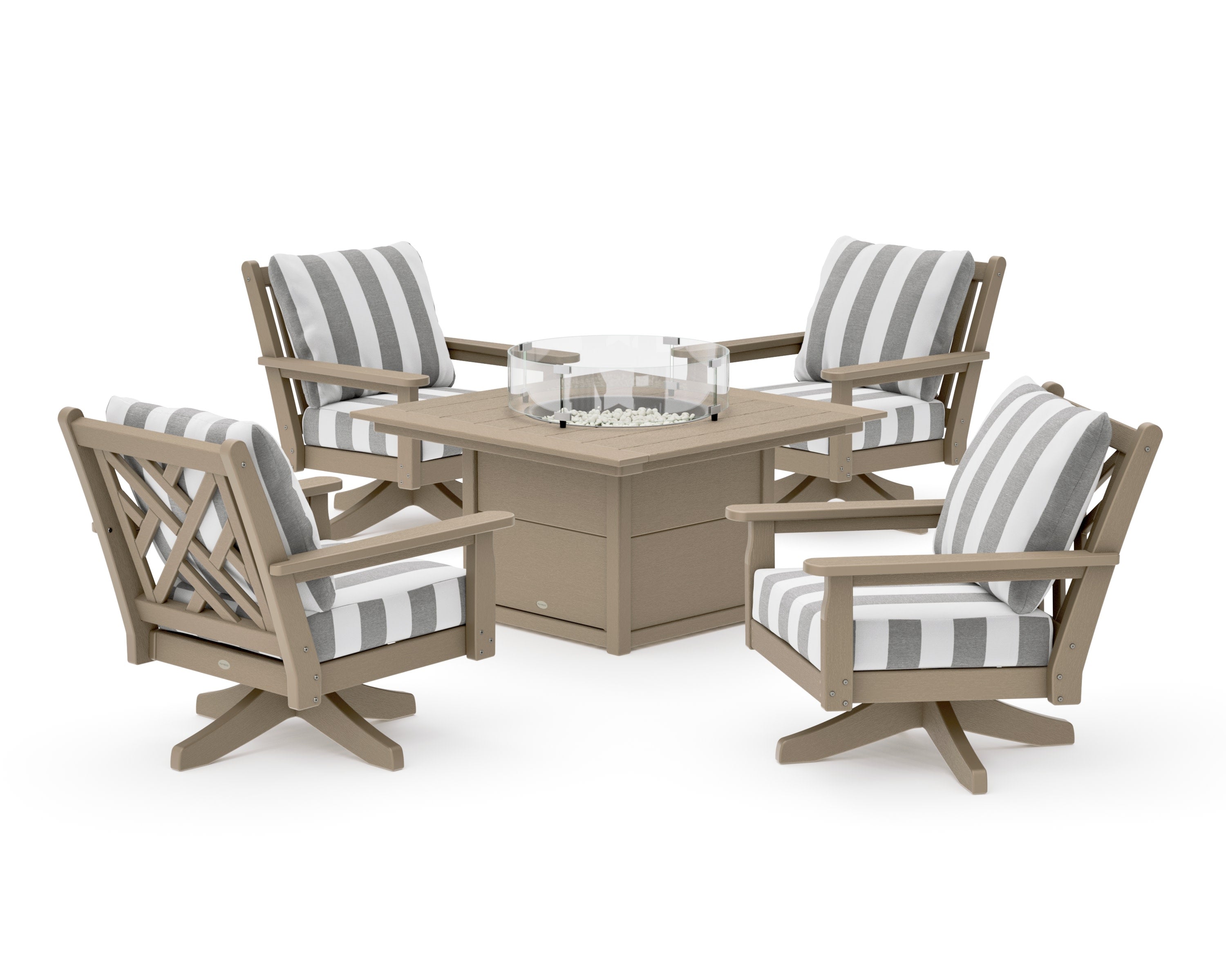 Chippendale 5-Piece Deep Seating Swivel Conversation Set with Fire Pit Table in Vintage Sahara / Cabana Stripe Grey Mist