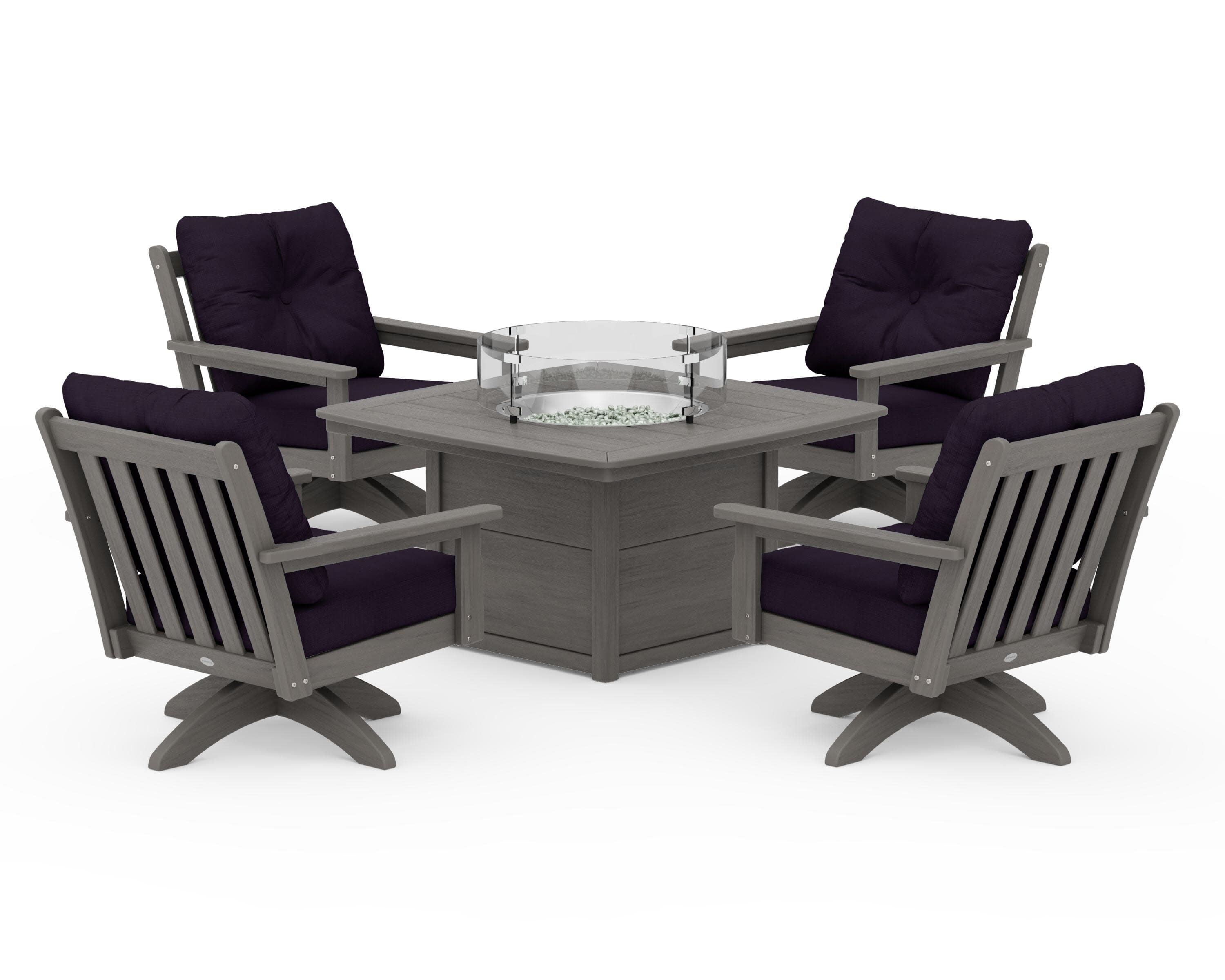 Vineyard 5-Piece Deep Seating Swivel Conversation Set with Fire Pit Table in Driftwood / Navy Linen