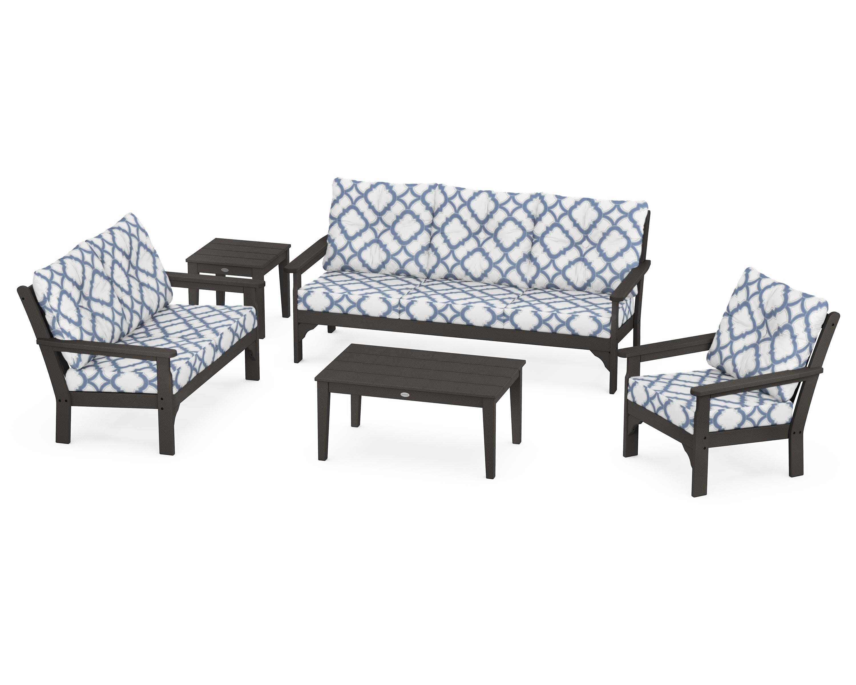 Vineyard 5 Piece Deep Seating Set in Vintage Coffee / Trellis Sky Blue