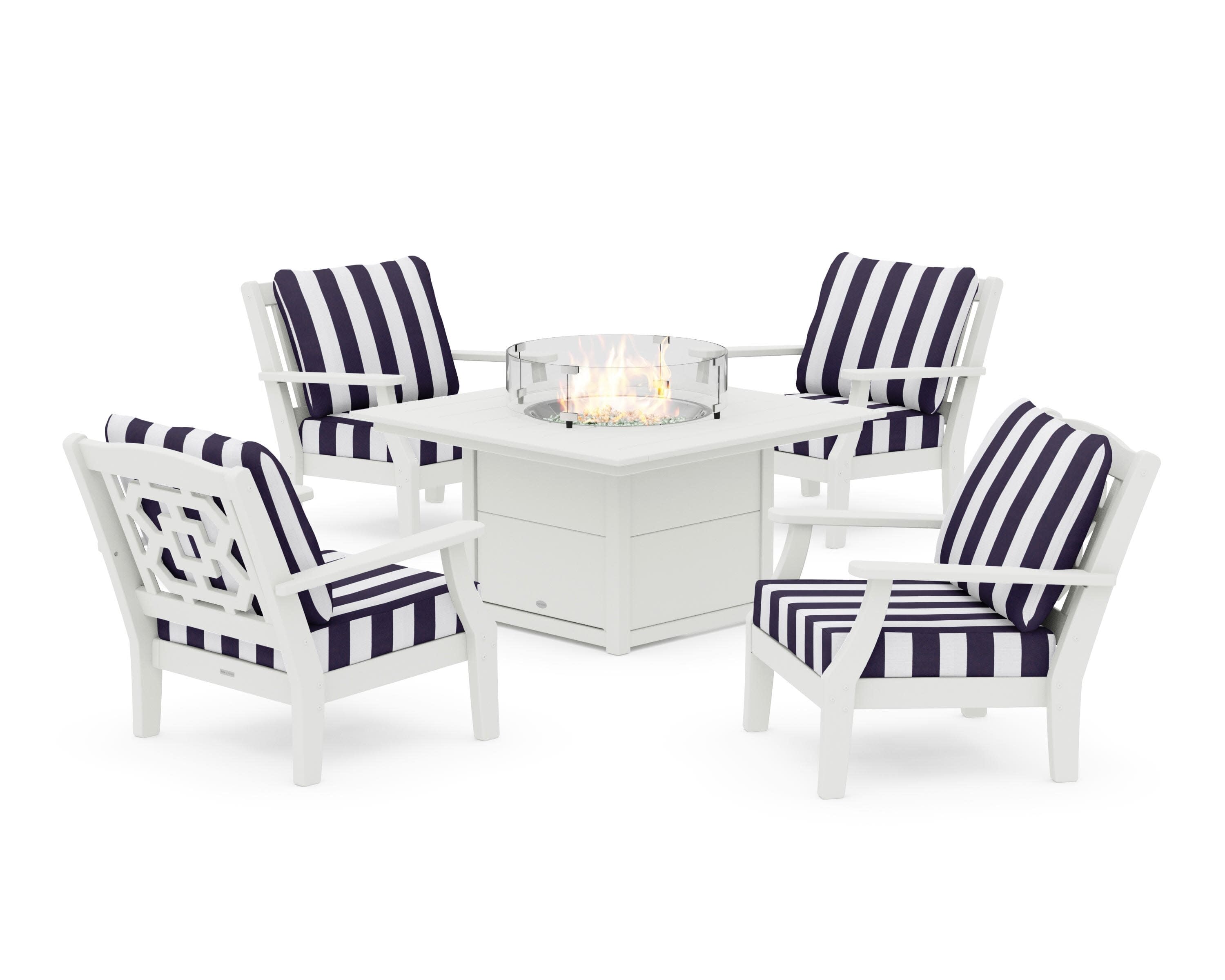 Chinoiserie 5-Piece Deep Seating Set with Fire Pit Table in Vintage White / Cabana Stripe Navy
